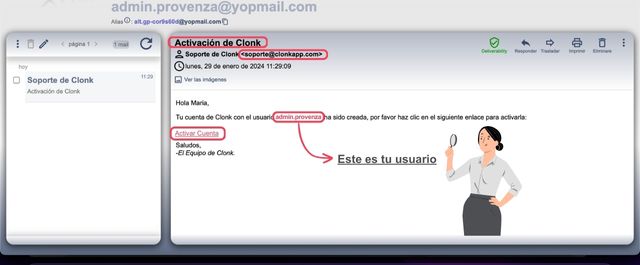 Correo activación de Clonk