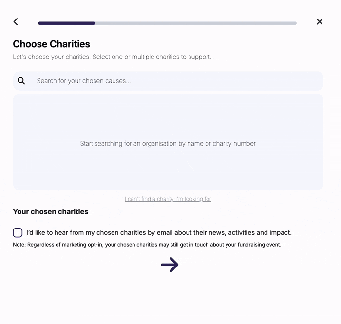 A charity selection page showing the quick and easy method to add multiple charities to a GiveWheel fundraising page