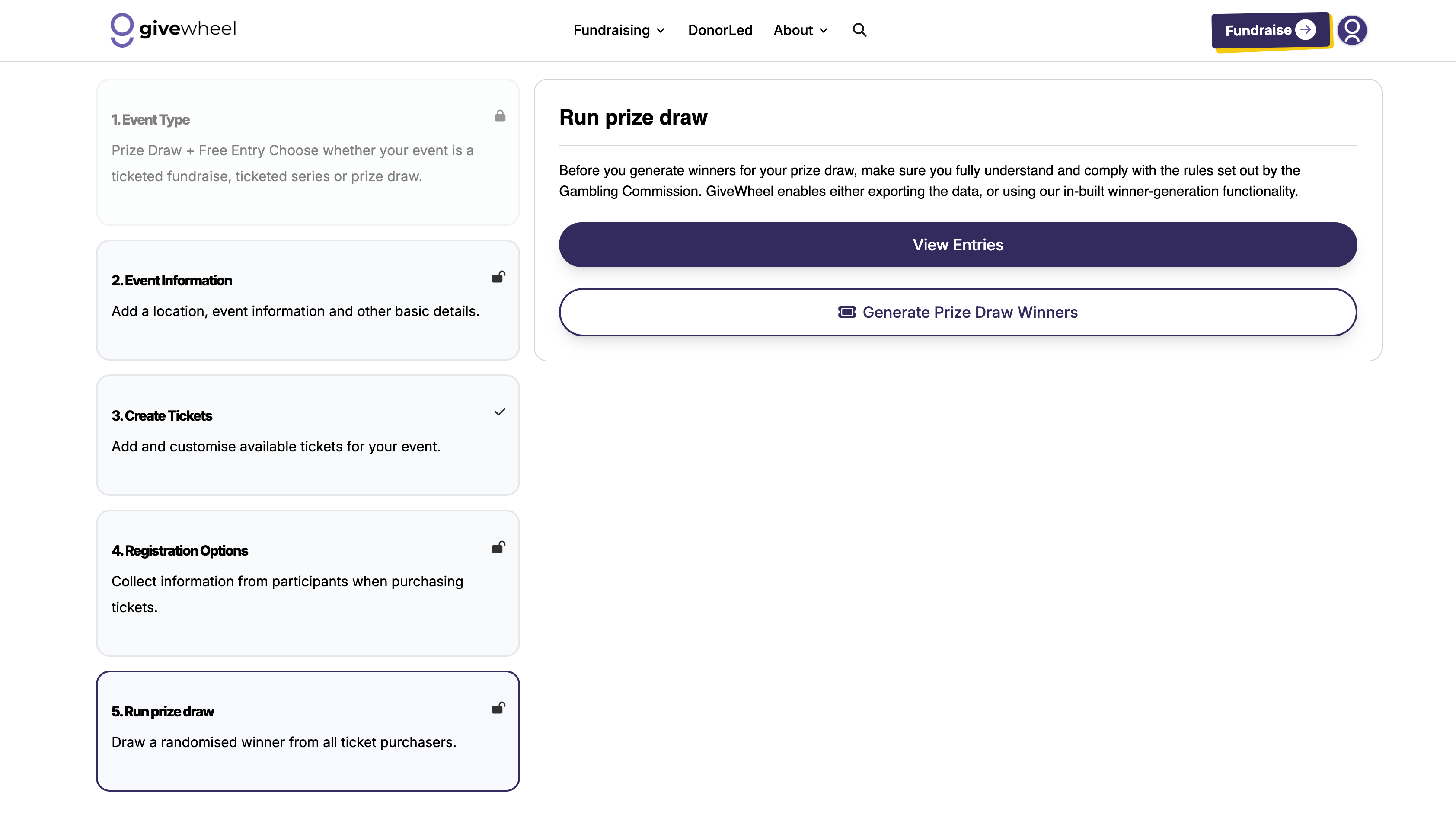 GiveWheel ticketing configuration screen showing the option to generate a prize draw winner