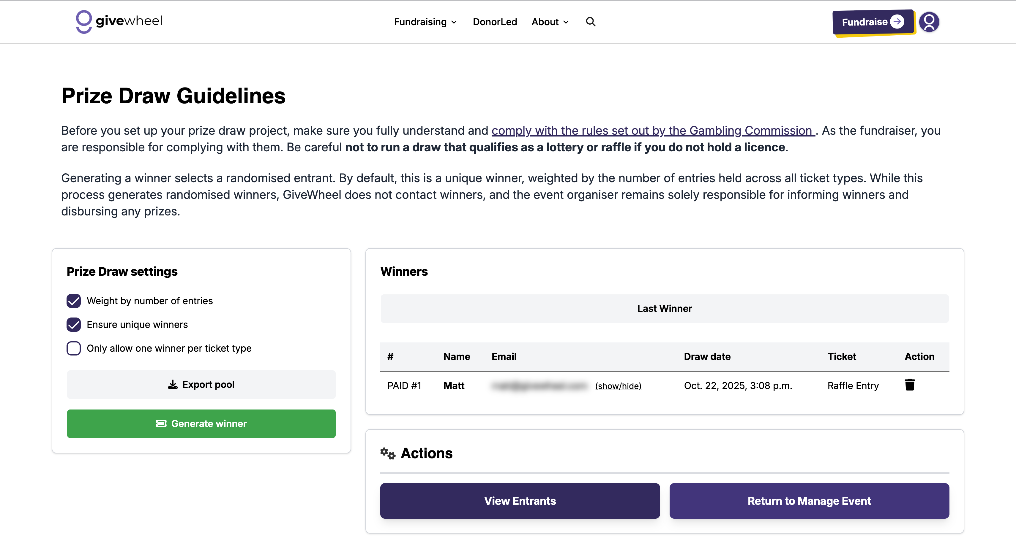 Sample winner generation interface for GiveWheel prize draws