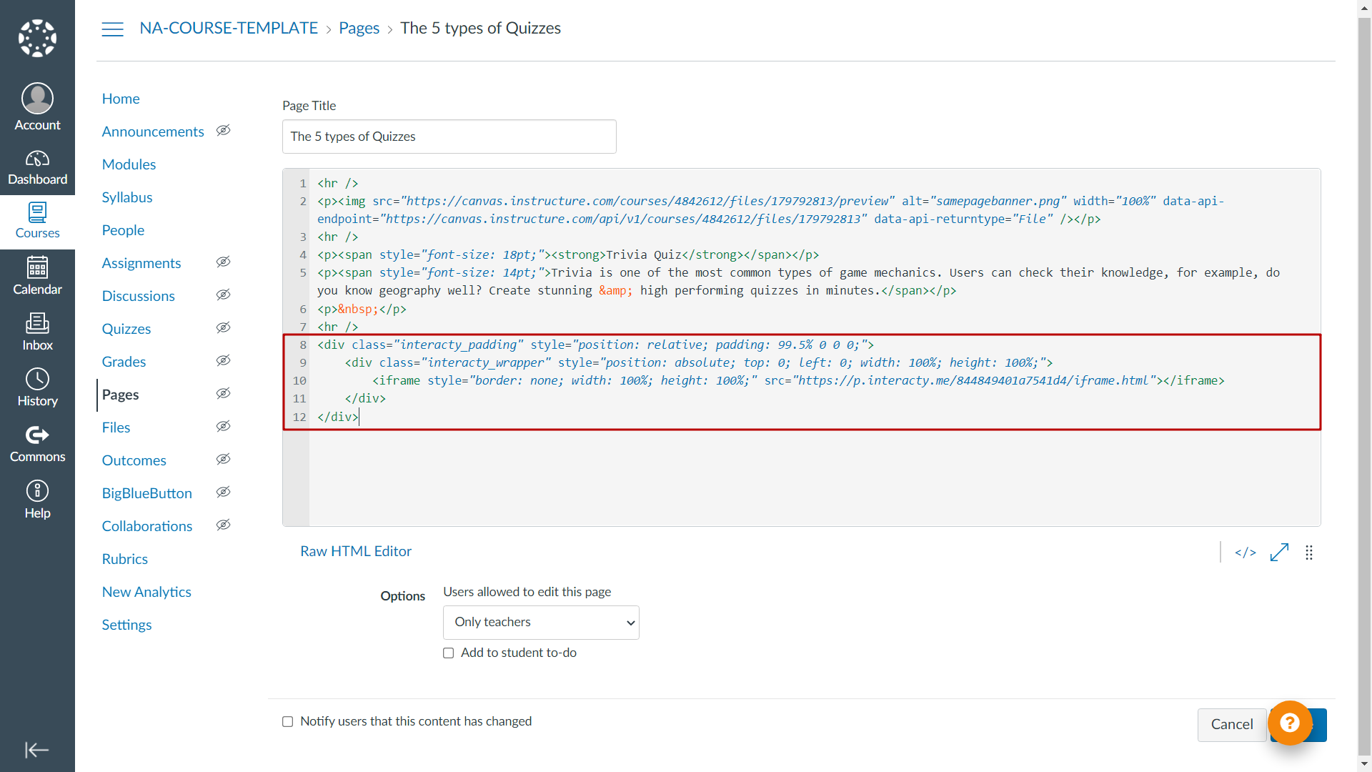 paste your code in canvas lms for embedding your Interacty project in Canvas LMS