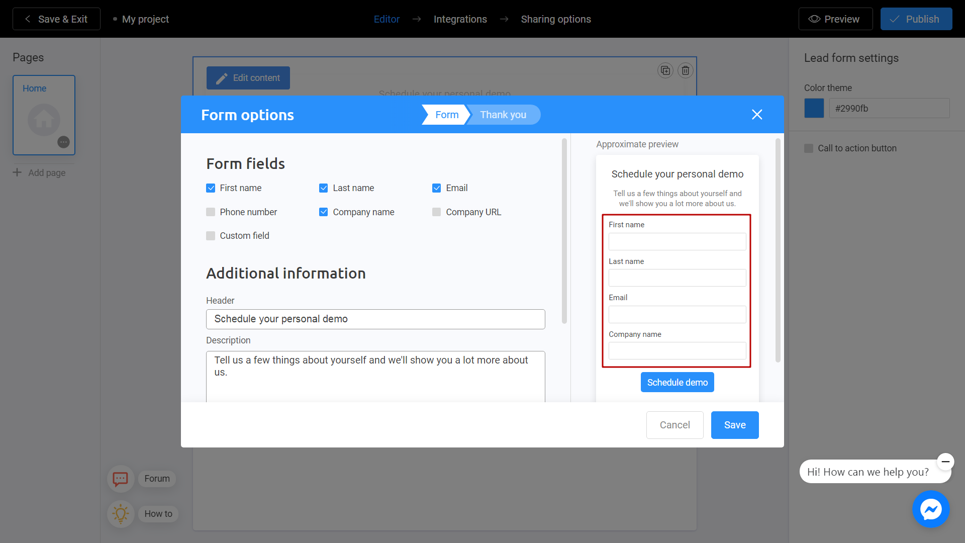 Editing a lead form on Interacty platform