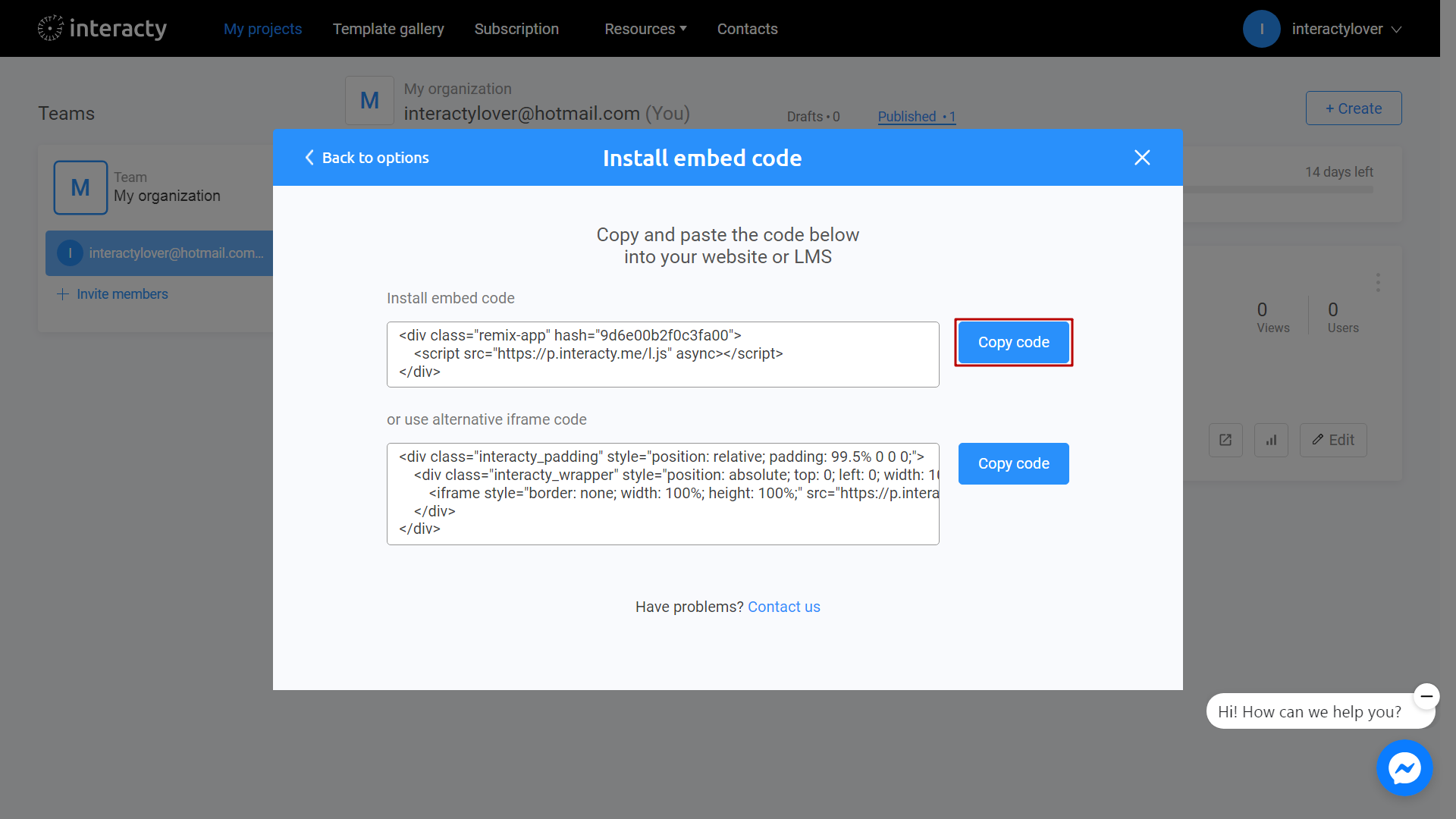 Copying embed code of your Interacty project