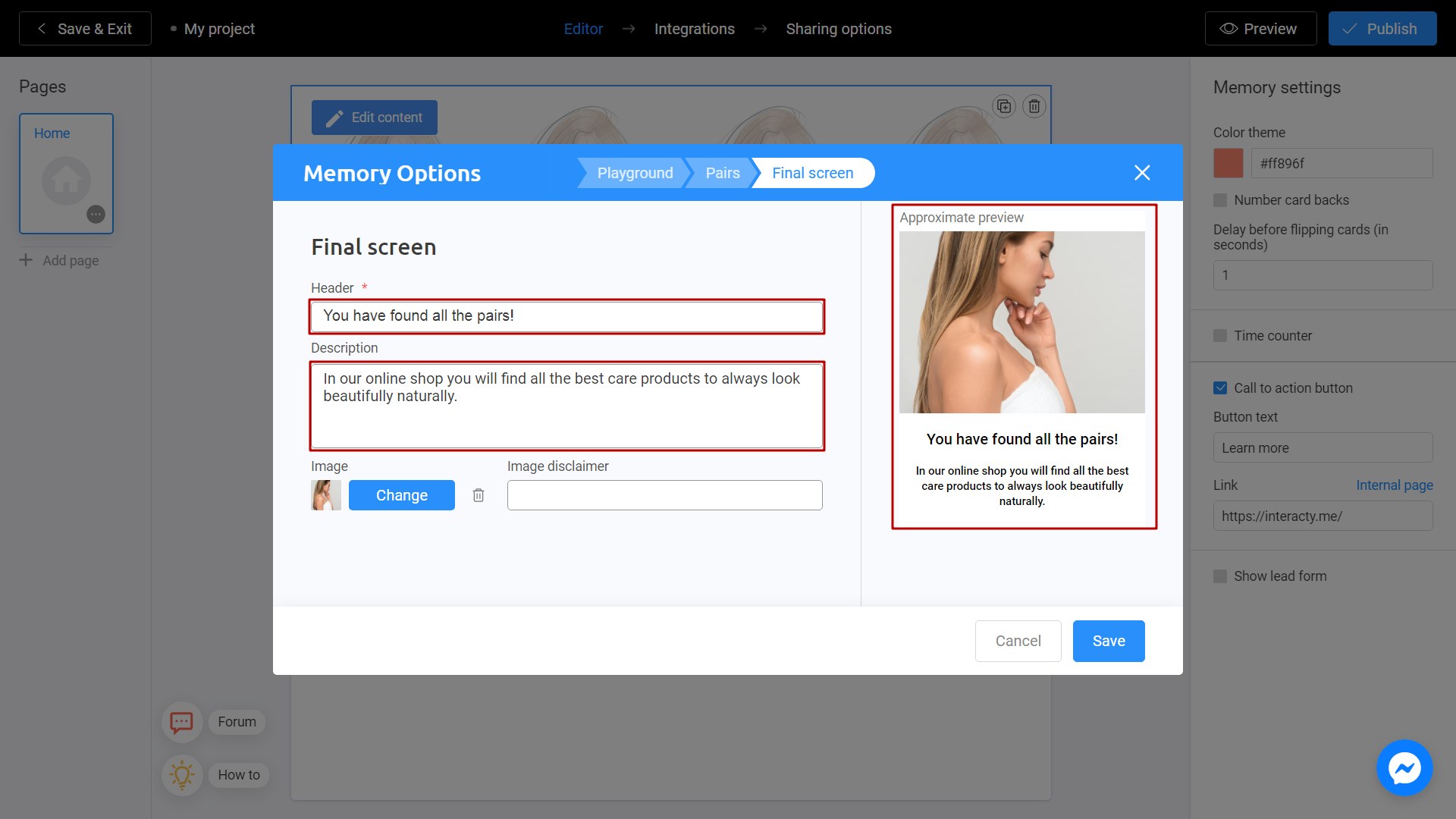 Setting up the Final Screen for your Memory Game on Interacty platform