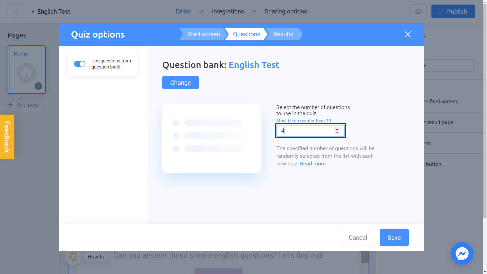 selecting the amount of questions to use in the quiz on Interacty