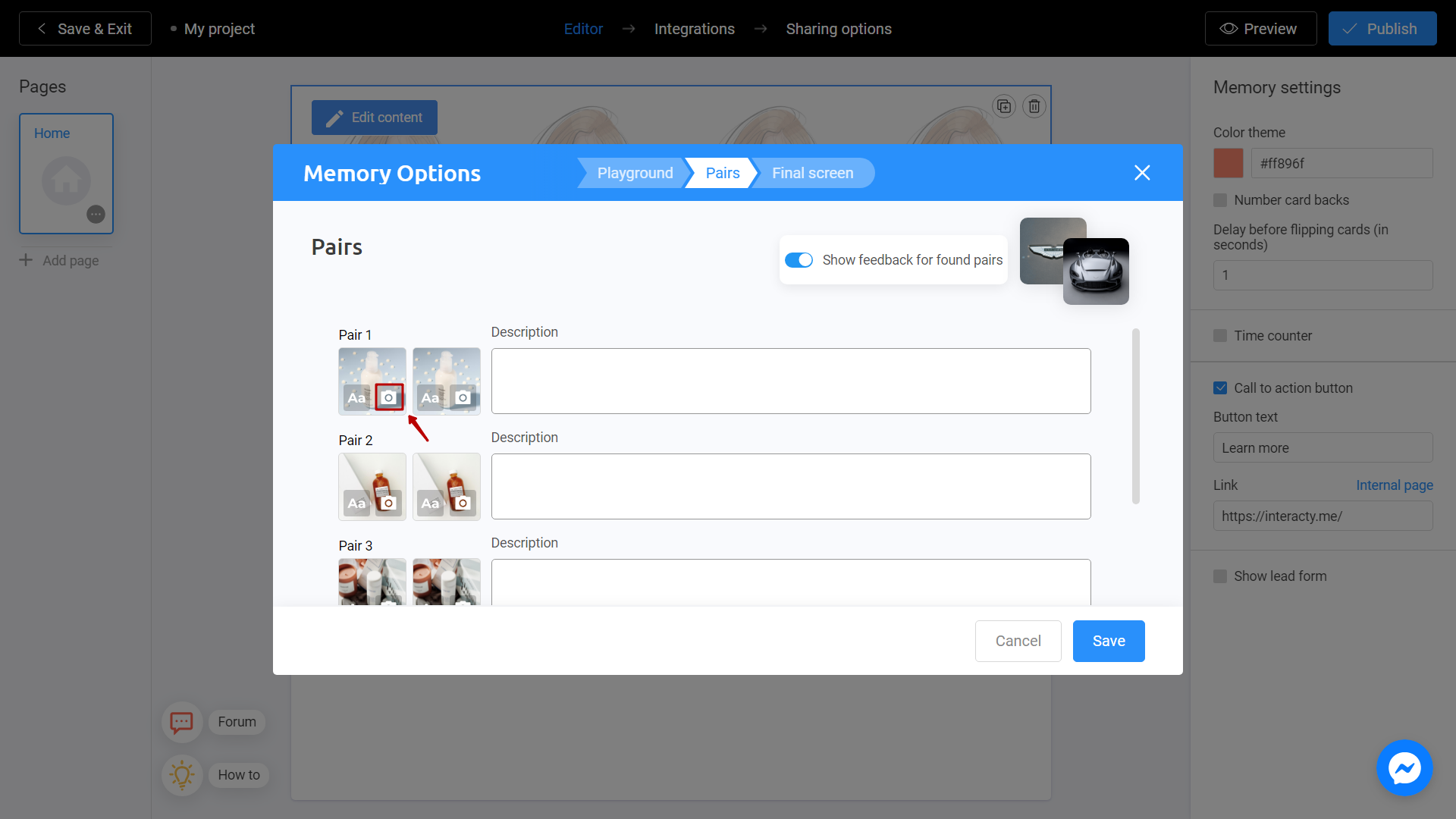 Clicking on a camera icon to upload your own image and create a Memory Game on Interacty platform