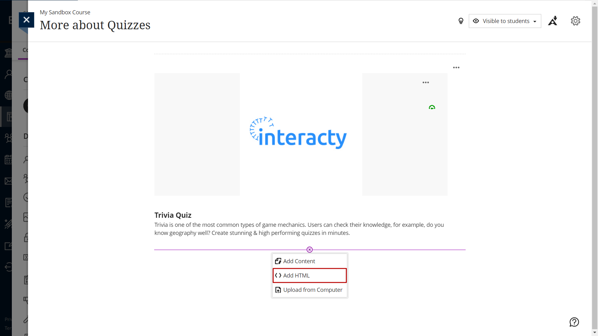 select add html option for embedding your Interacty project in Blackboard LMS