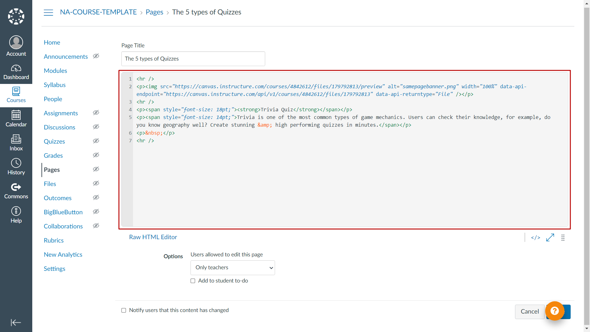 demonstration of a window for html code for embedding your Interacty project in Canvas LMS