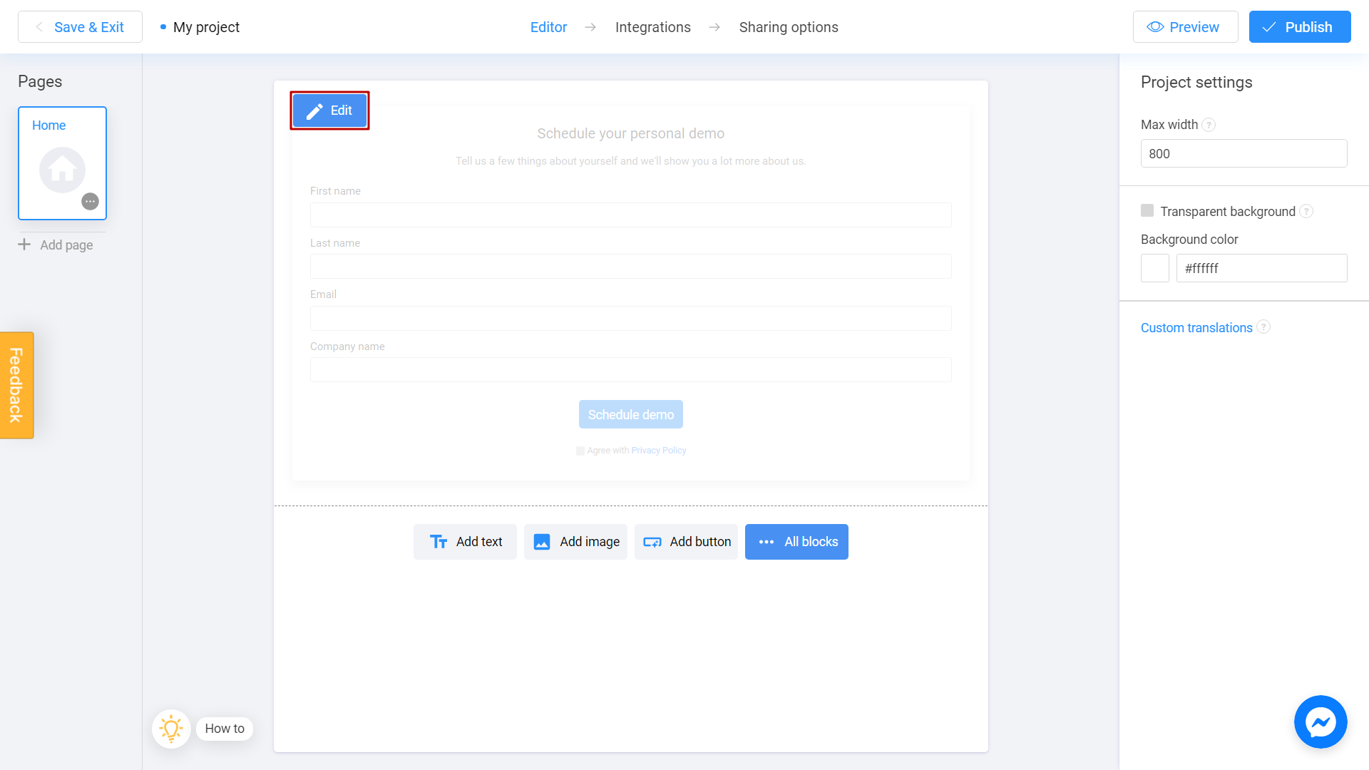 editing a lead form block on Interacty platform