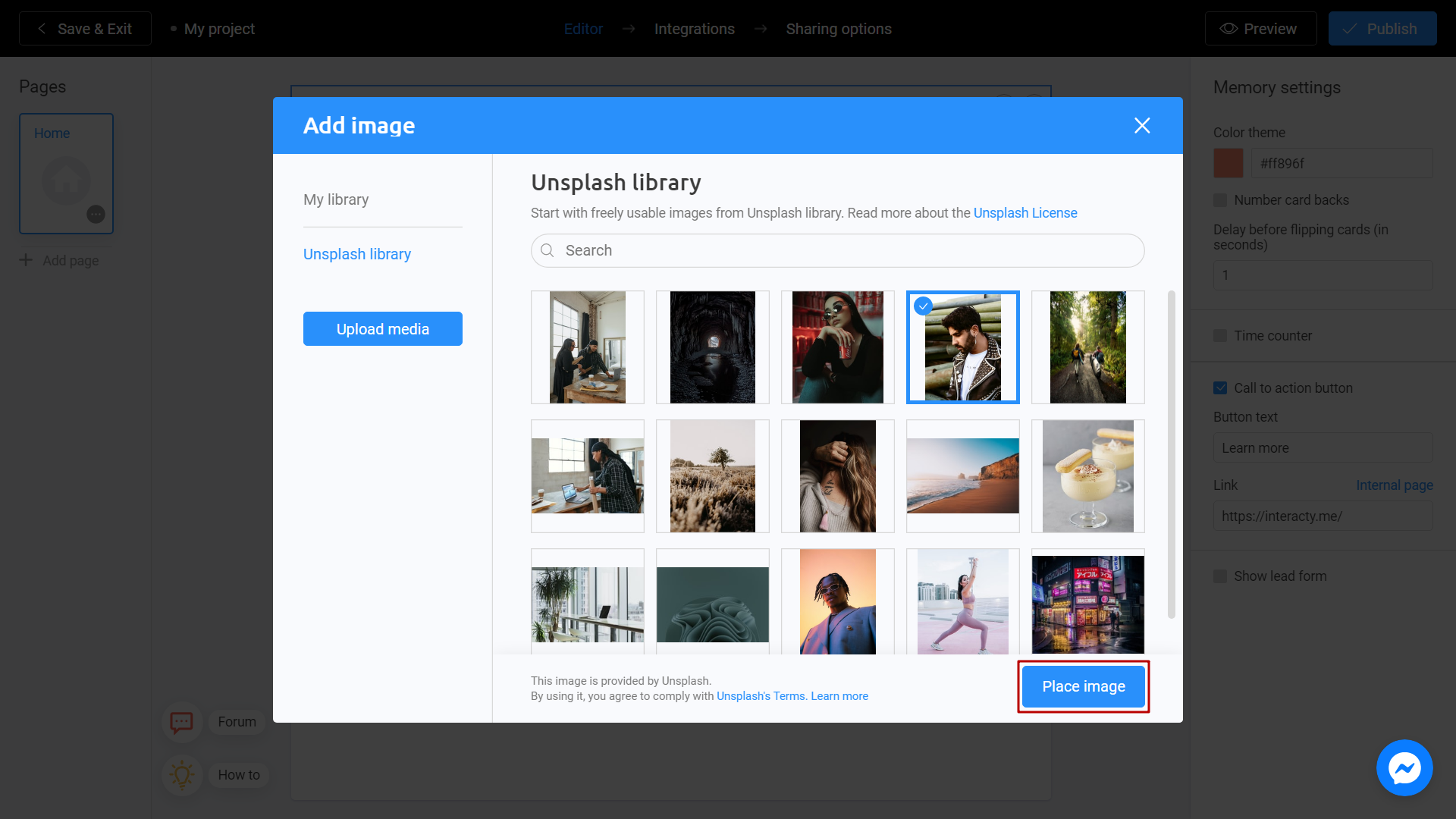 Using free image library to choose an image for your Memory Game on Interacty platform