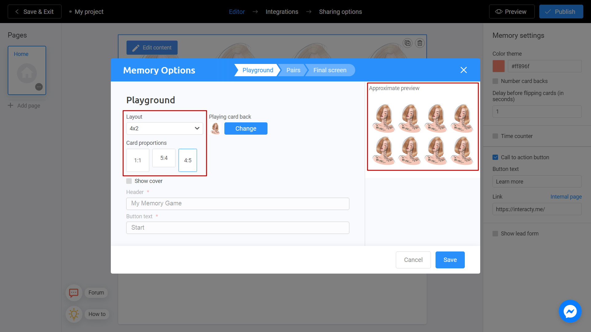 Selecting layout and card proportions for your Memory Game on Interacty platform