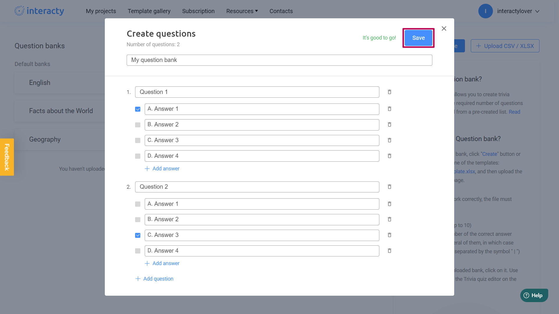Saving your question bank on Interacty to use it in Quizzes