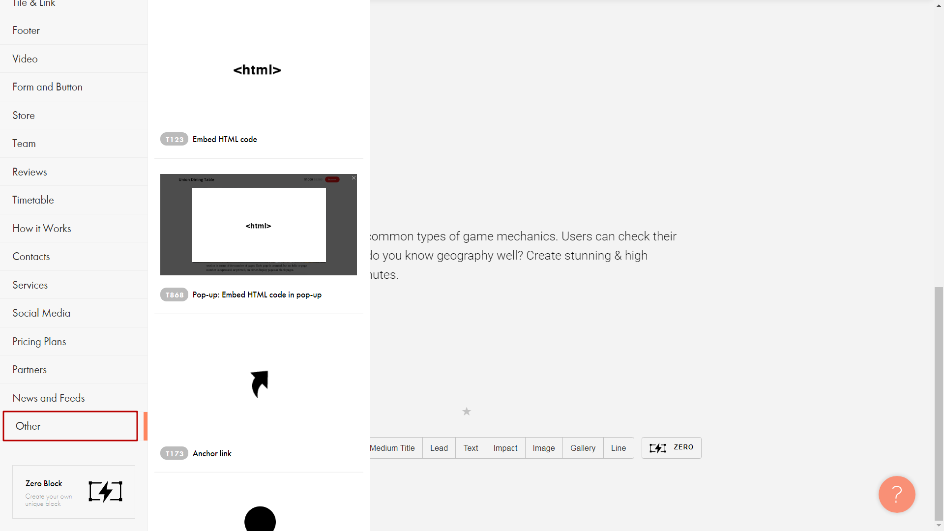 Choosing a block to embed your Interacty project in Tilda