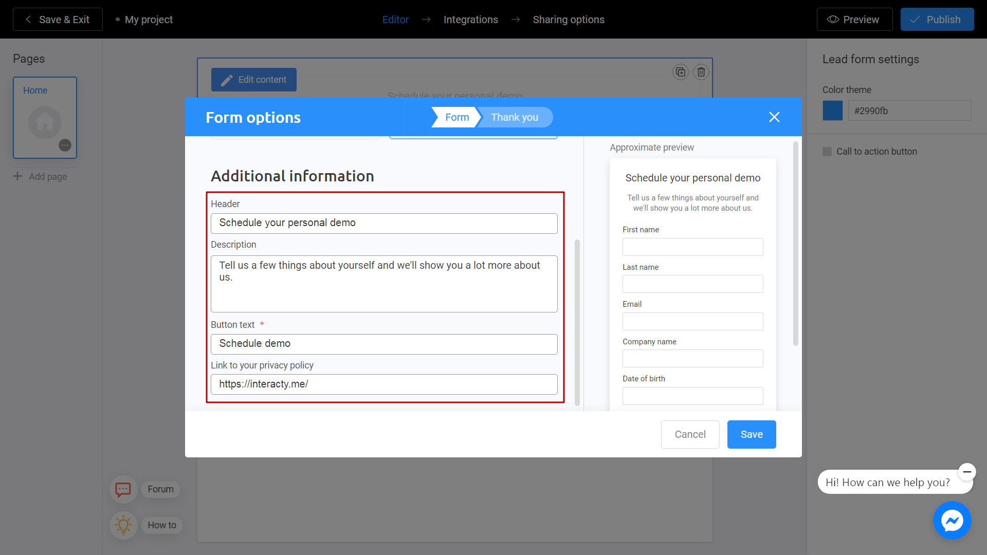 Additional information for your lead form on Interacty