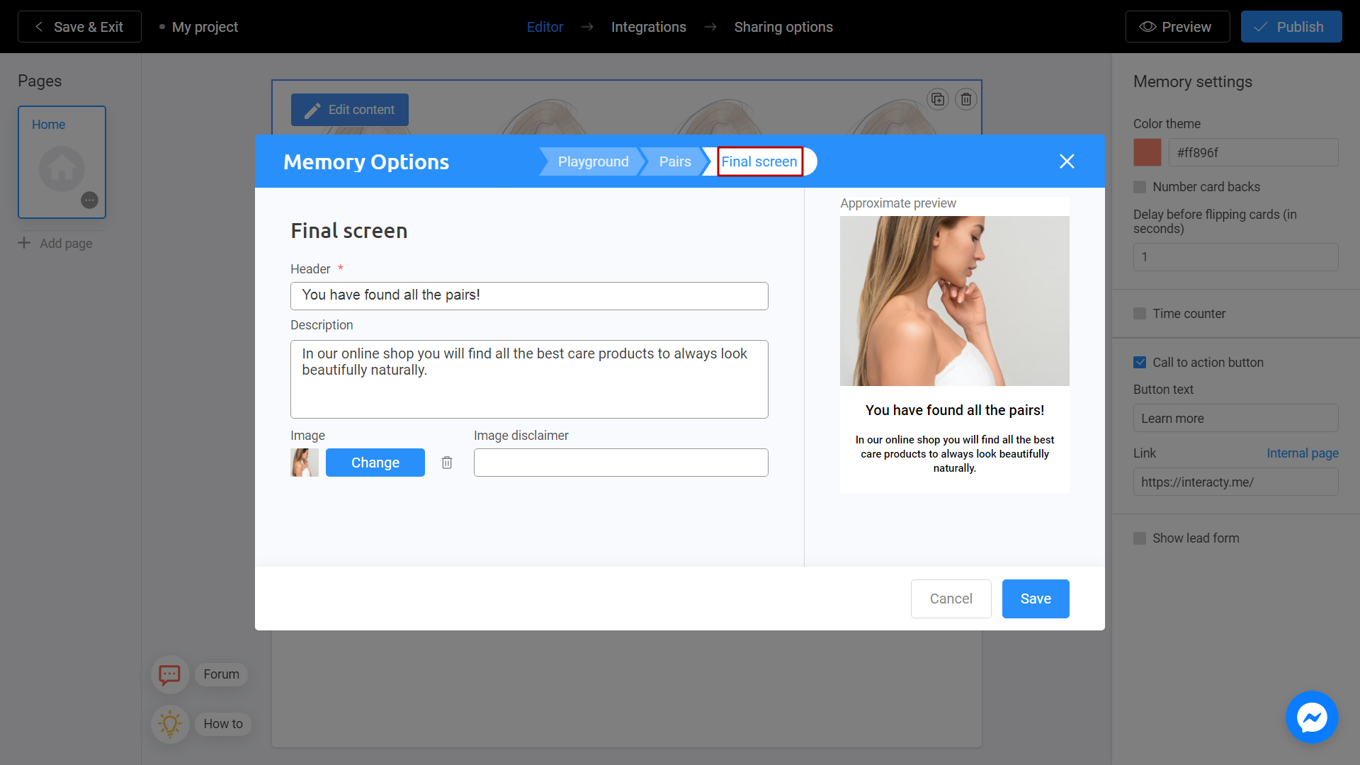 Demonstration of a Final Screen tab on Interacty platform for Memory Game