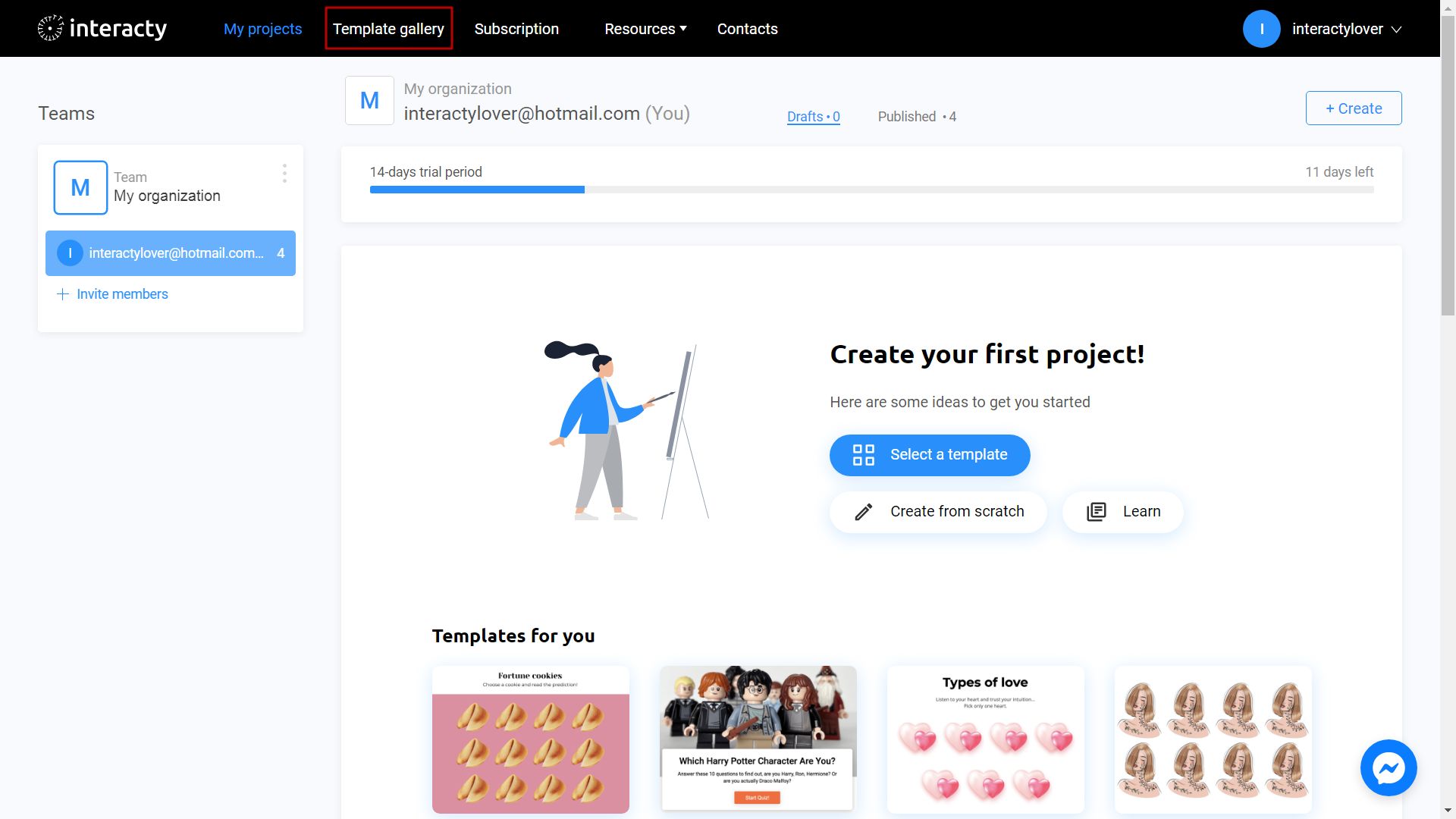 "My projects" page on Interacty