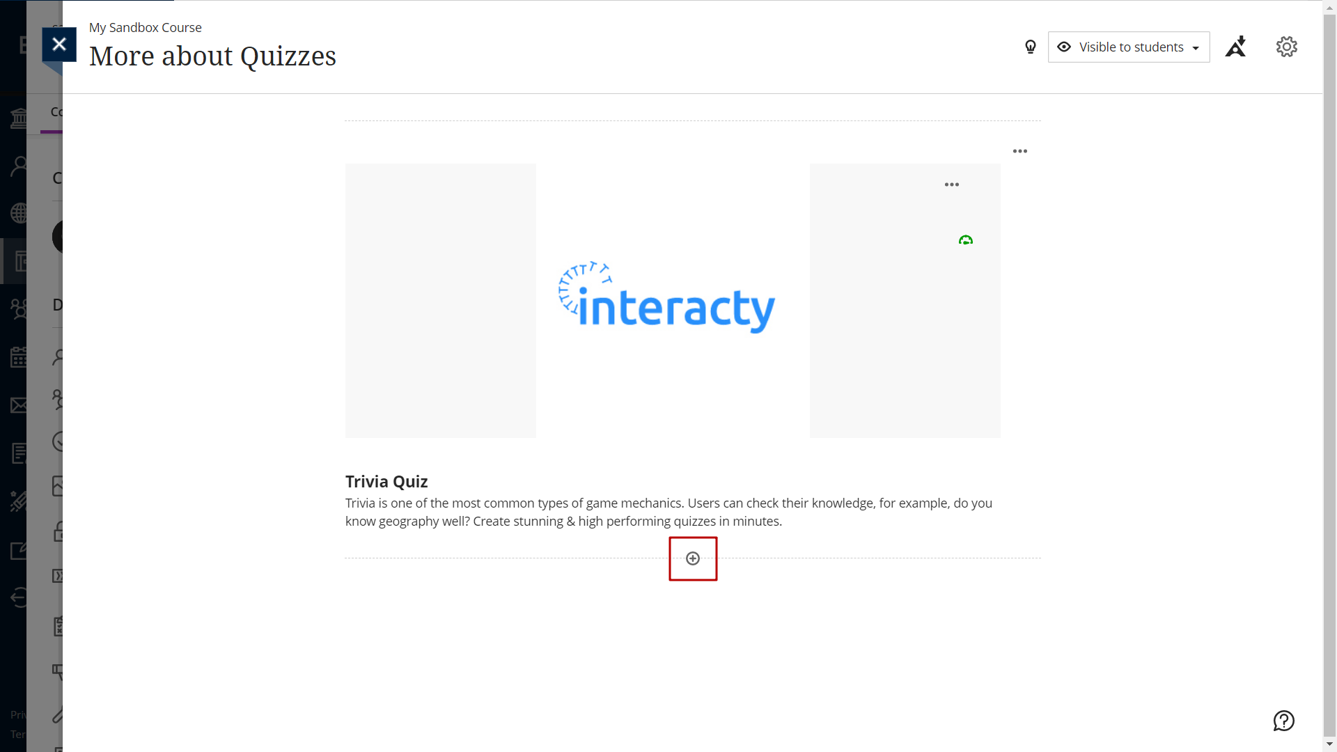 clicking plus icon for embedding your Interacty project in Blackboard LMS