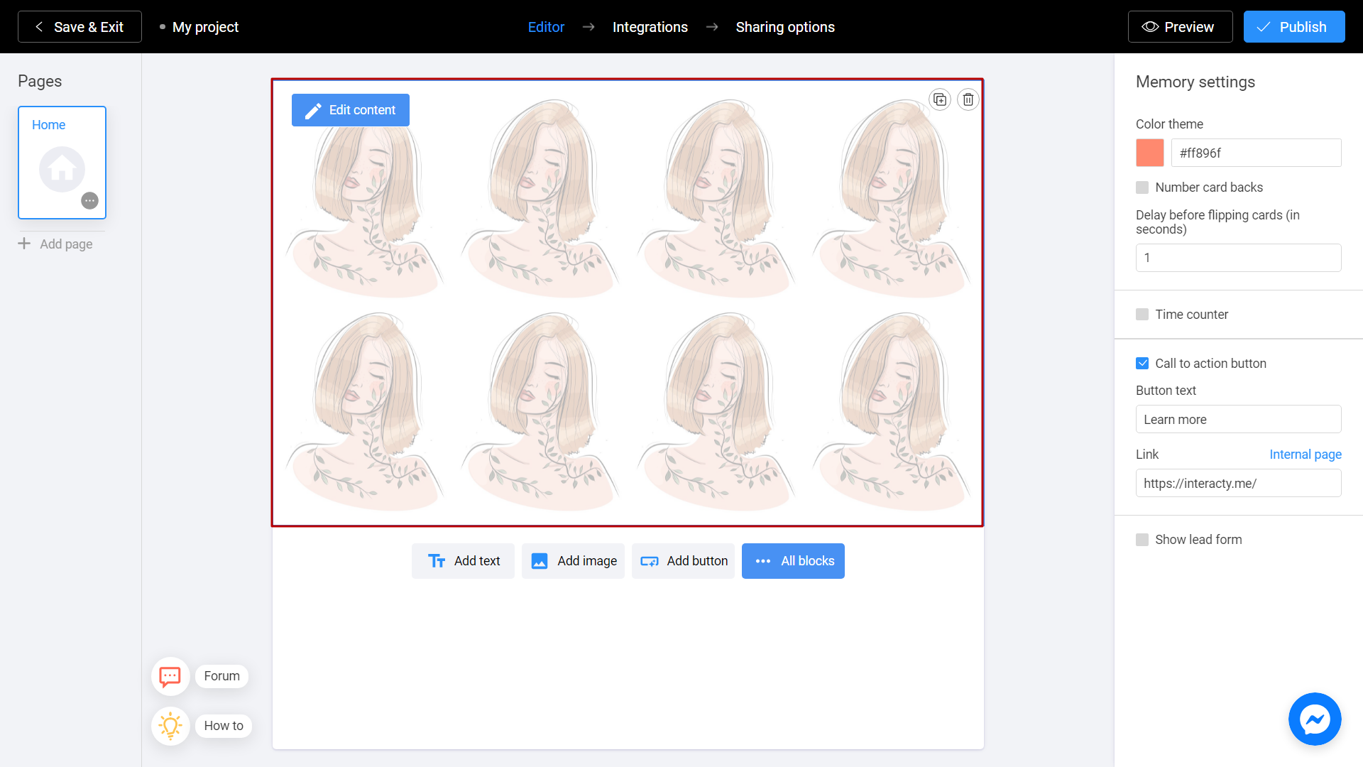 Demonstration of advanced settings panel for your Memory Game created on Interacty platform 