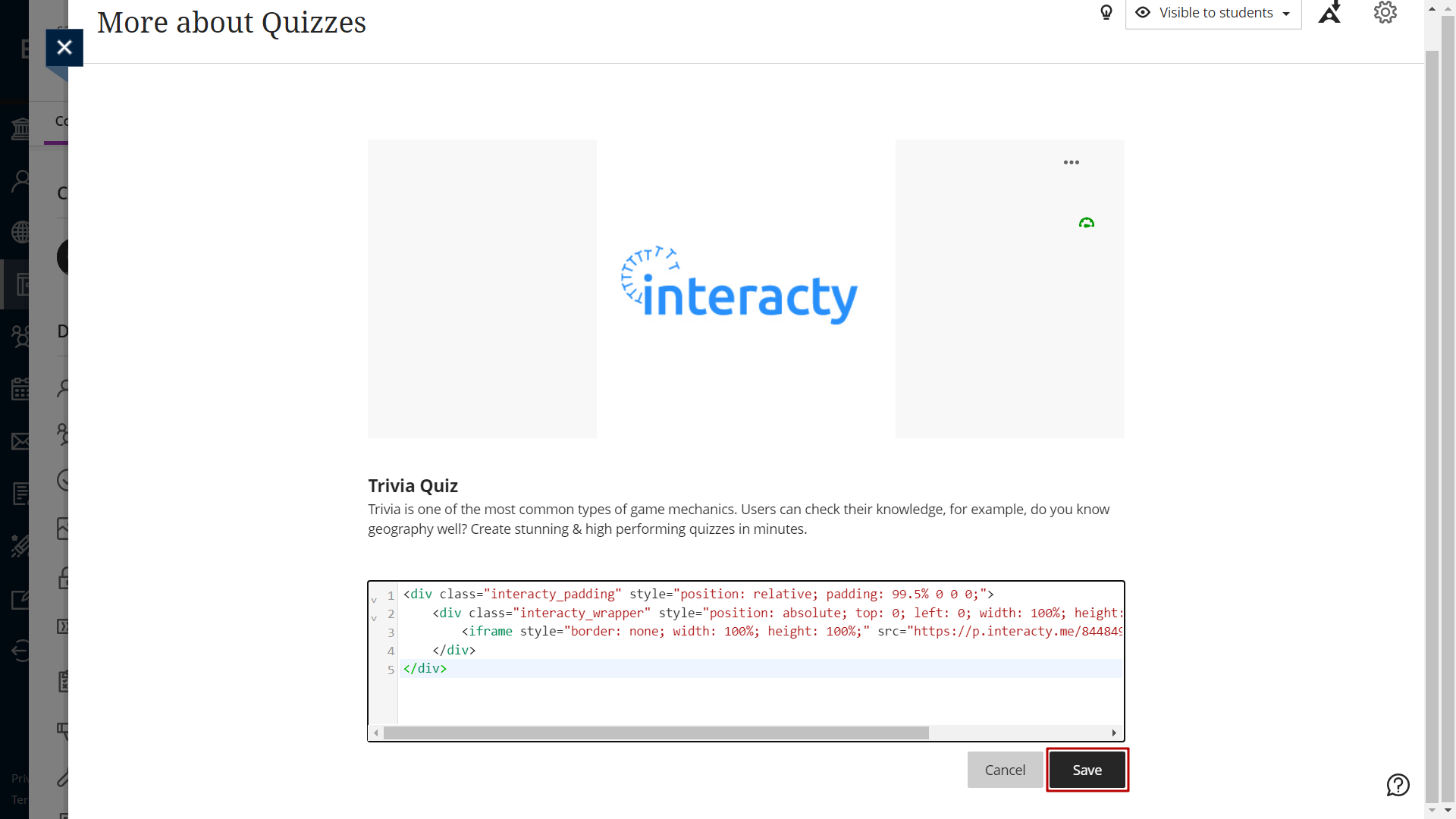 clicking save button for embedding your Interacty project in Blackboard LMS