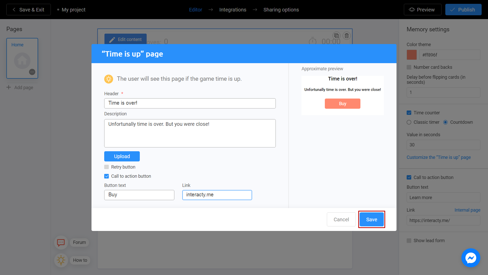 Saving your Memory Game settings on Interacty platform