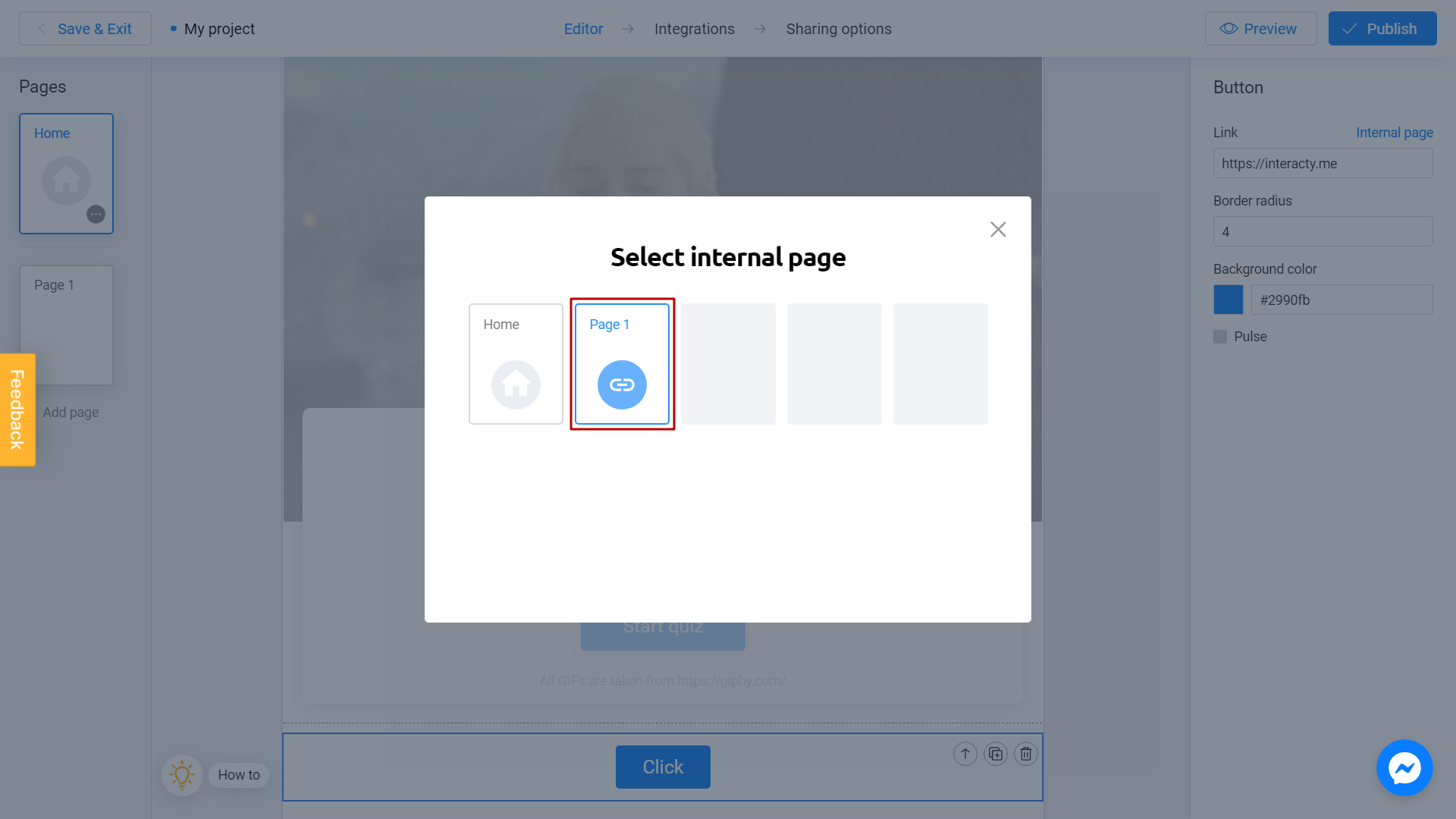 Selecting the page to connect it with the CTA button in Interacty online editor