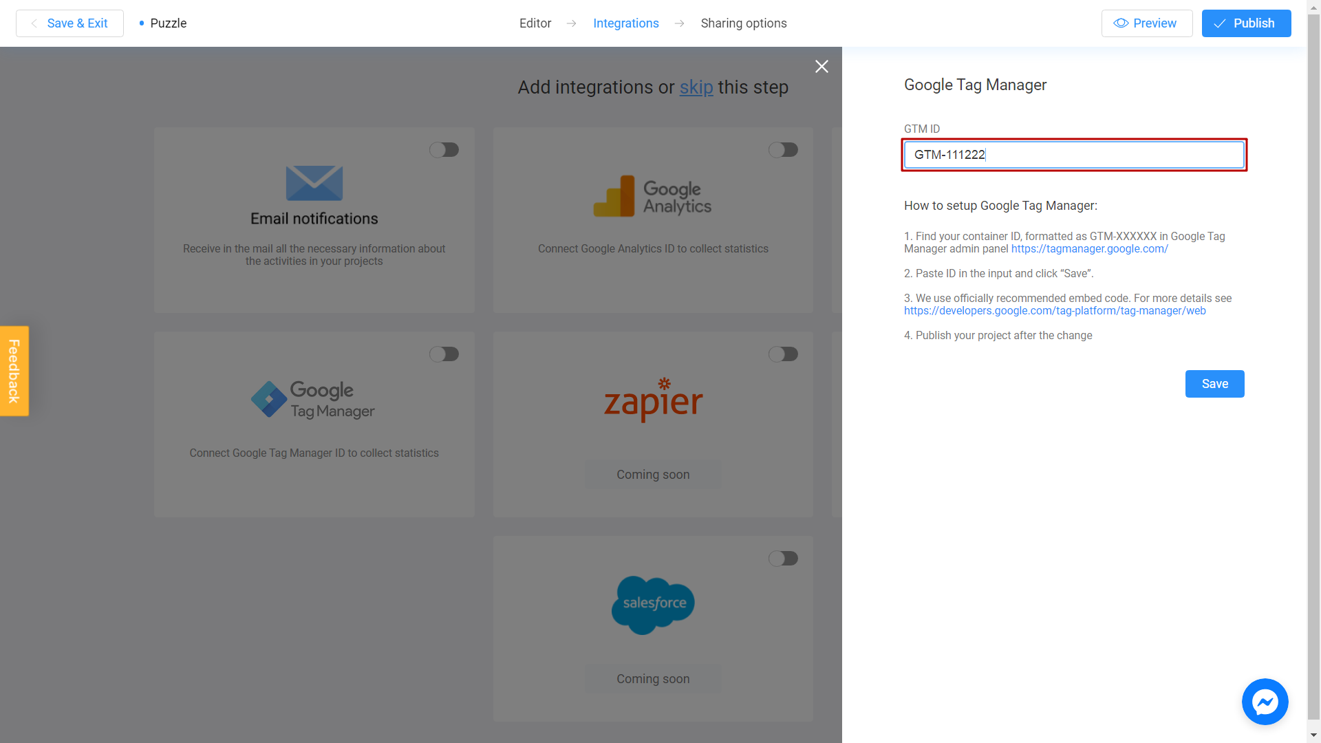 GTM ID field in Google Tag Manager integration on Interacty