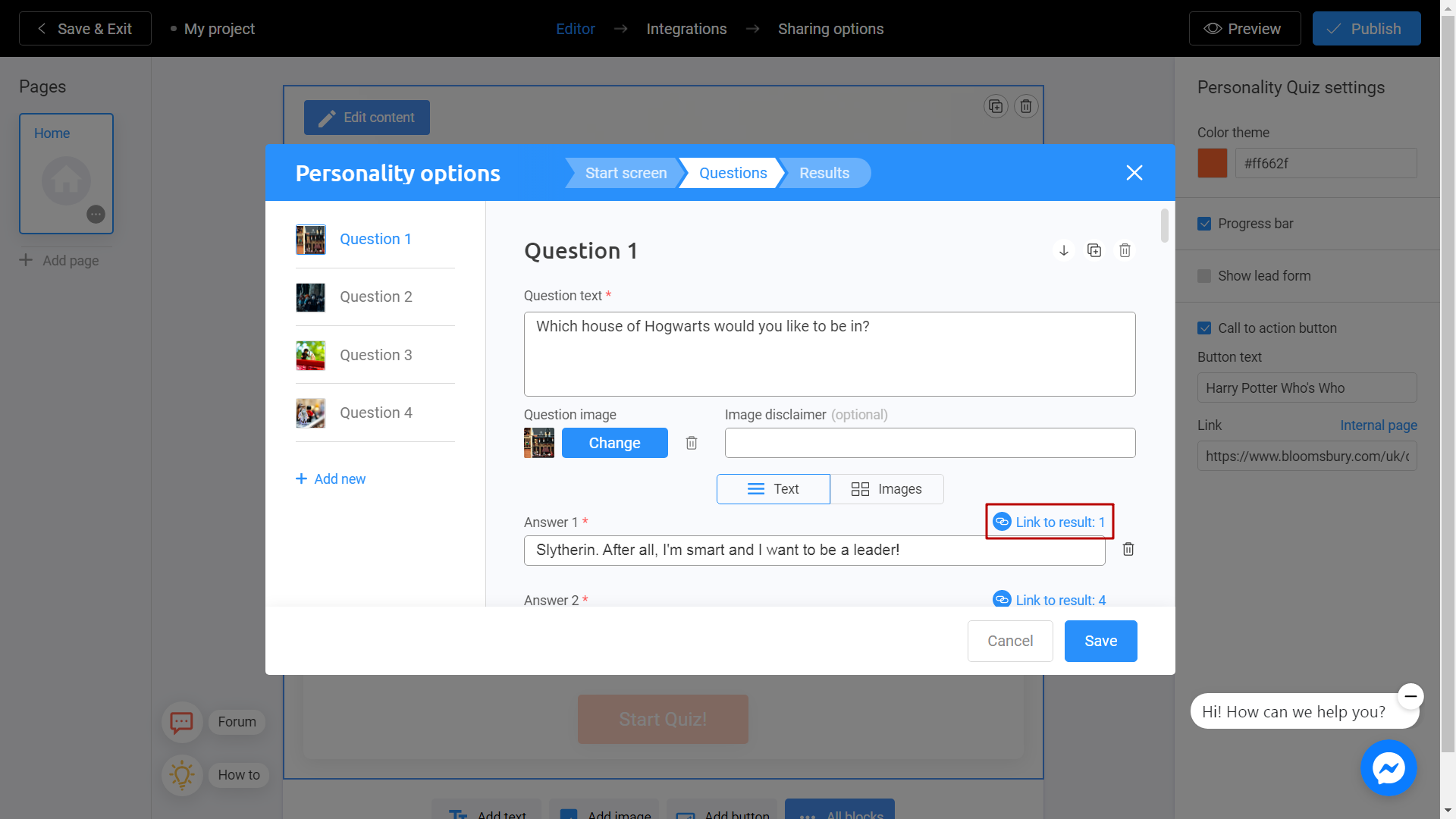 Linking question to the result for Personality Quiz on Interacty