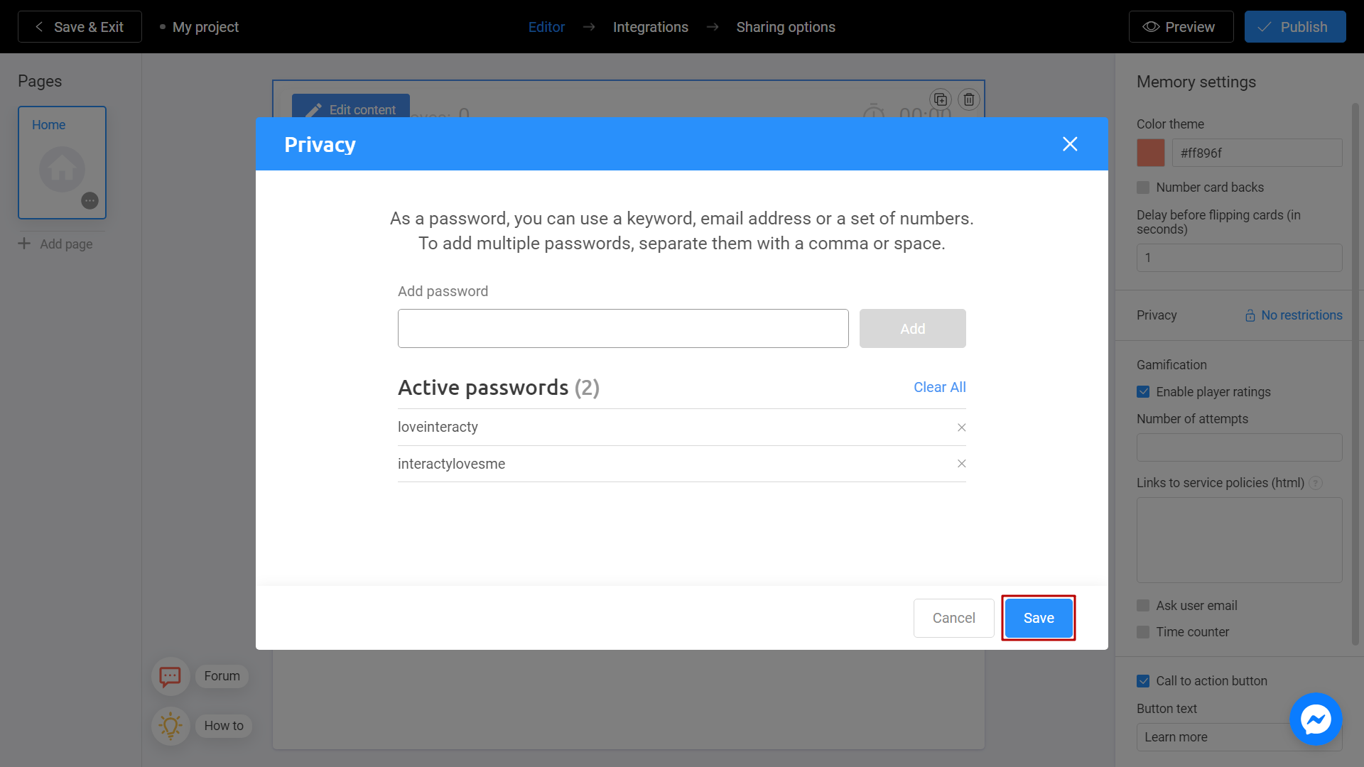 Save your password protected project on Interacty