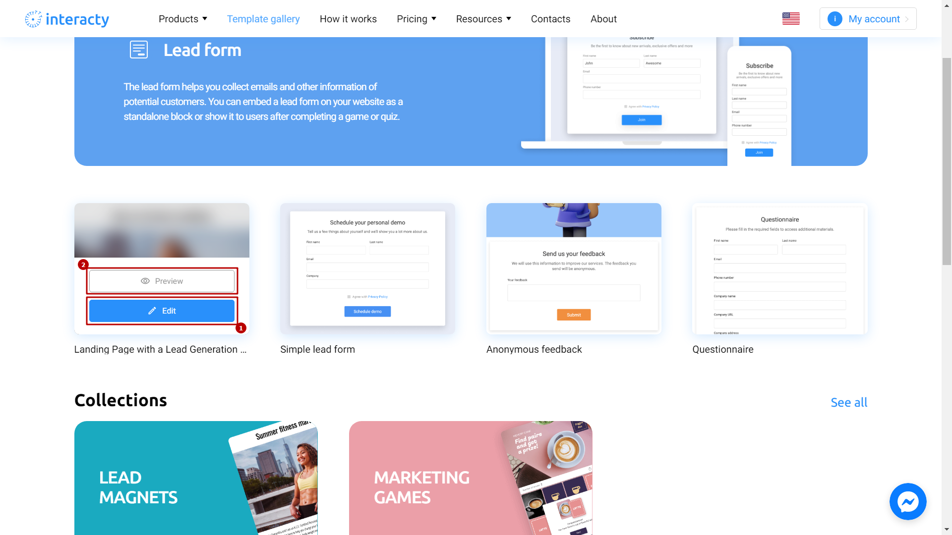 Preview the template of a lead form on Interacty platform