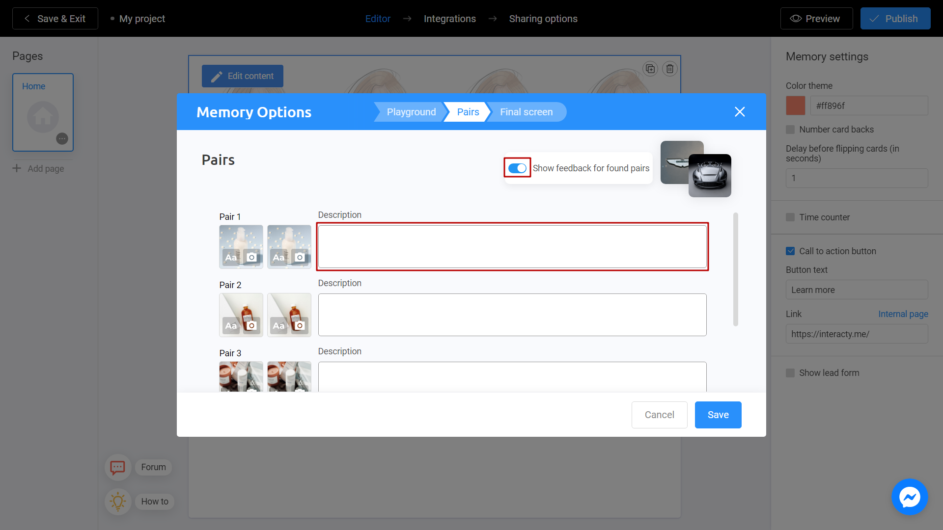 Giving an explanation for the pairs in your Memory Game on Interacty platform