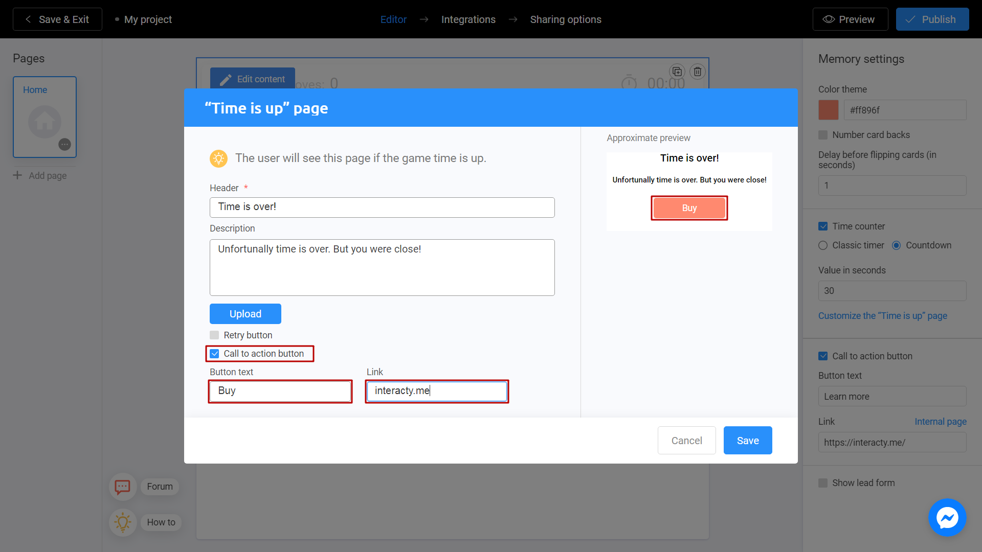 Demonstration of the CTA button in your Interacty Memory Game project