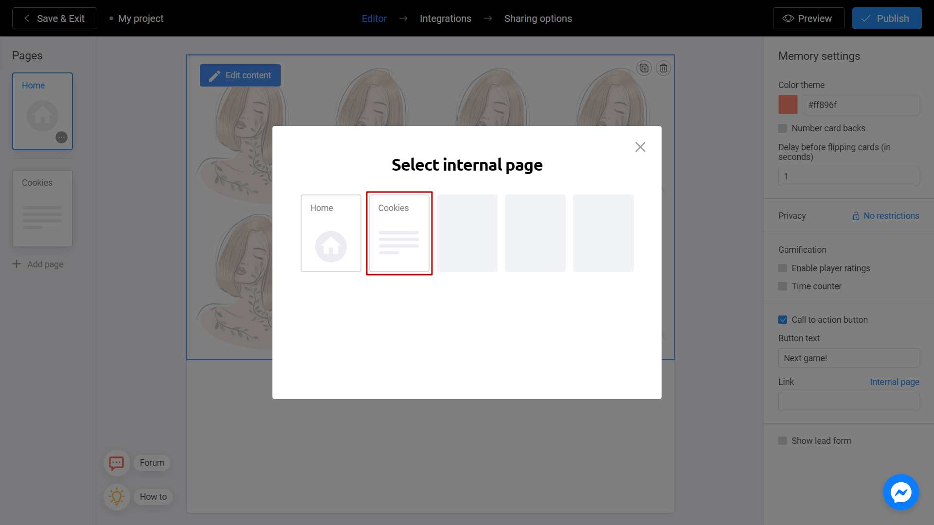 Choosing the page you want to connect with the CTA button on Interacty platform