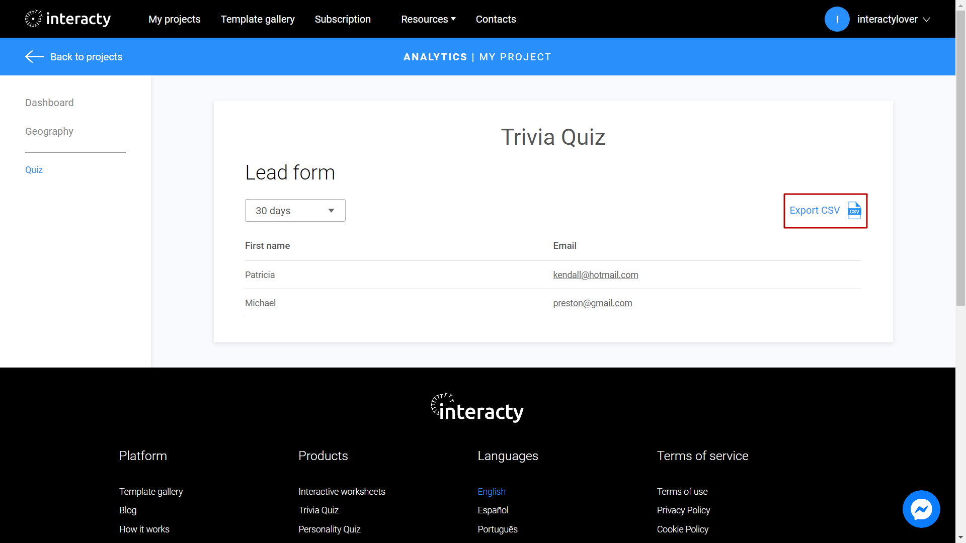 exporting lead form statistics on Interacty