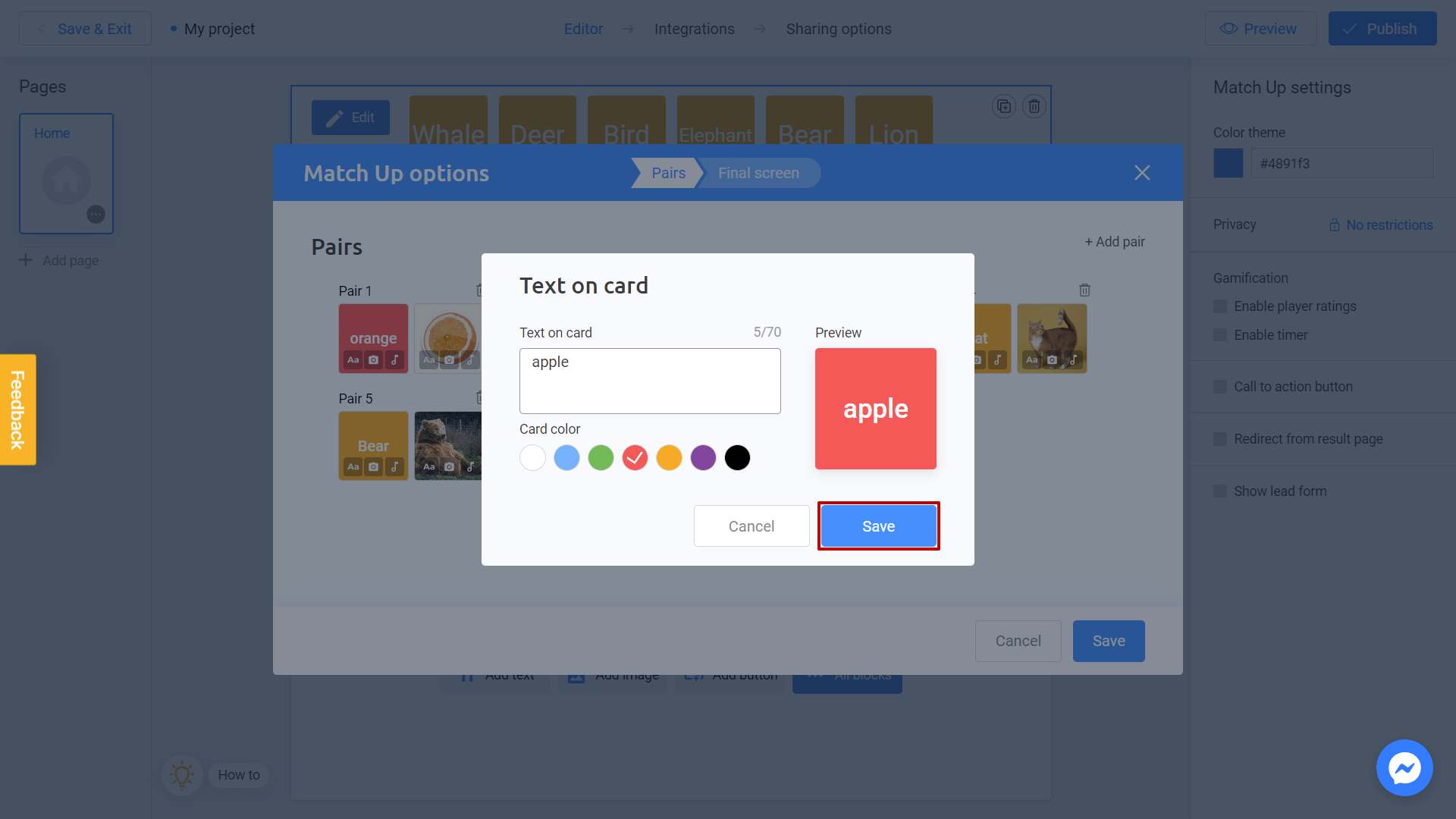 customizing matching cards on Interacty