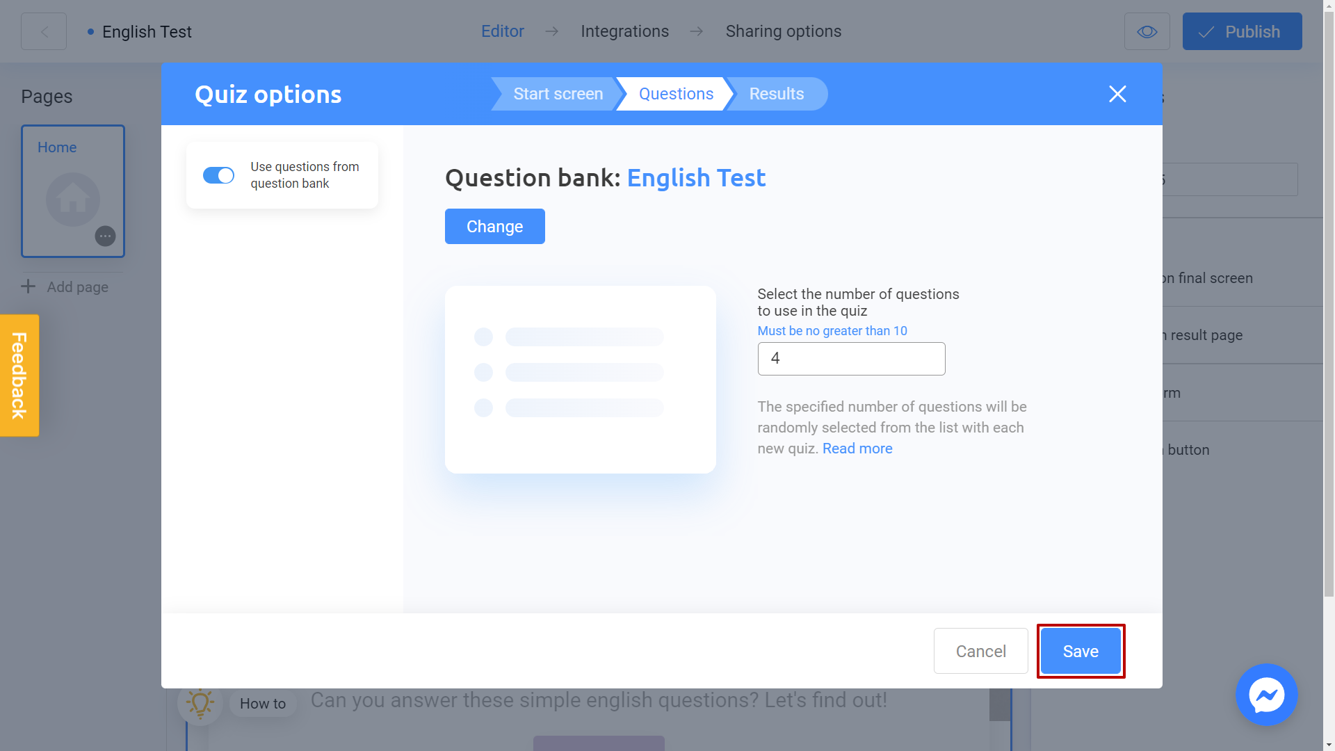 Saving your ready quiz with question bank on Interacty