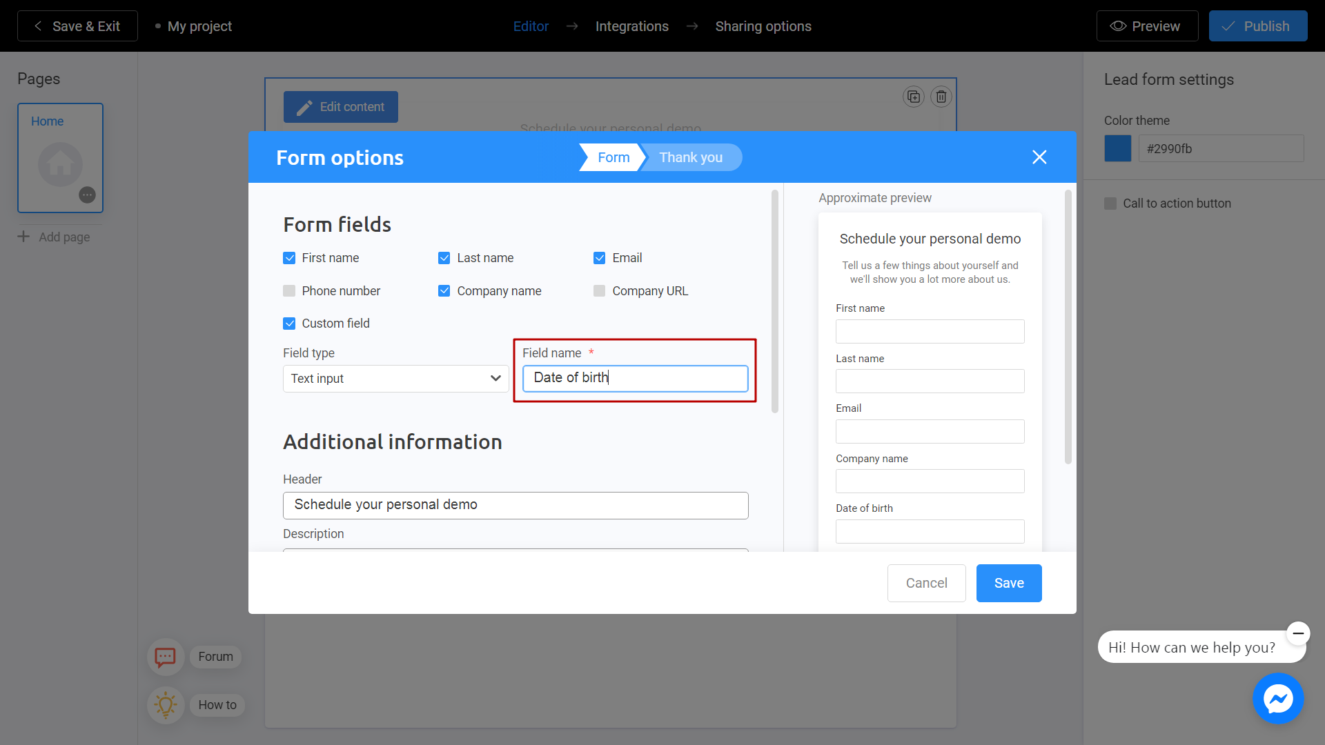 Editing a lead form on Interacty platform