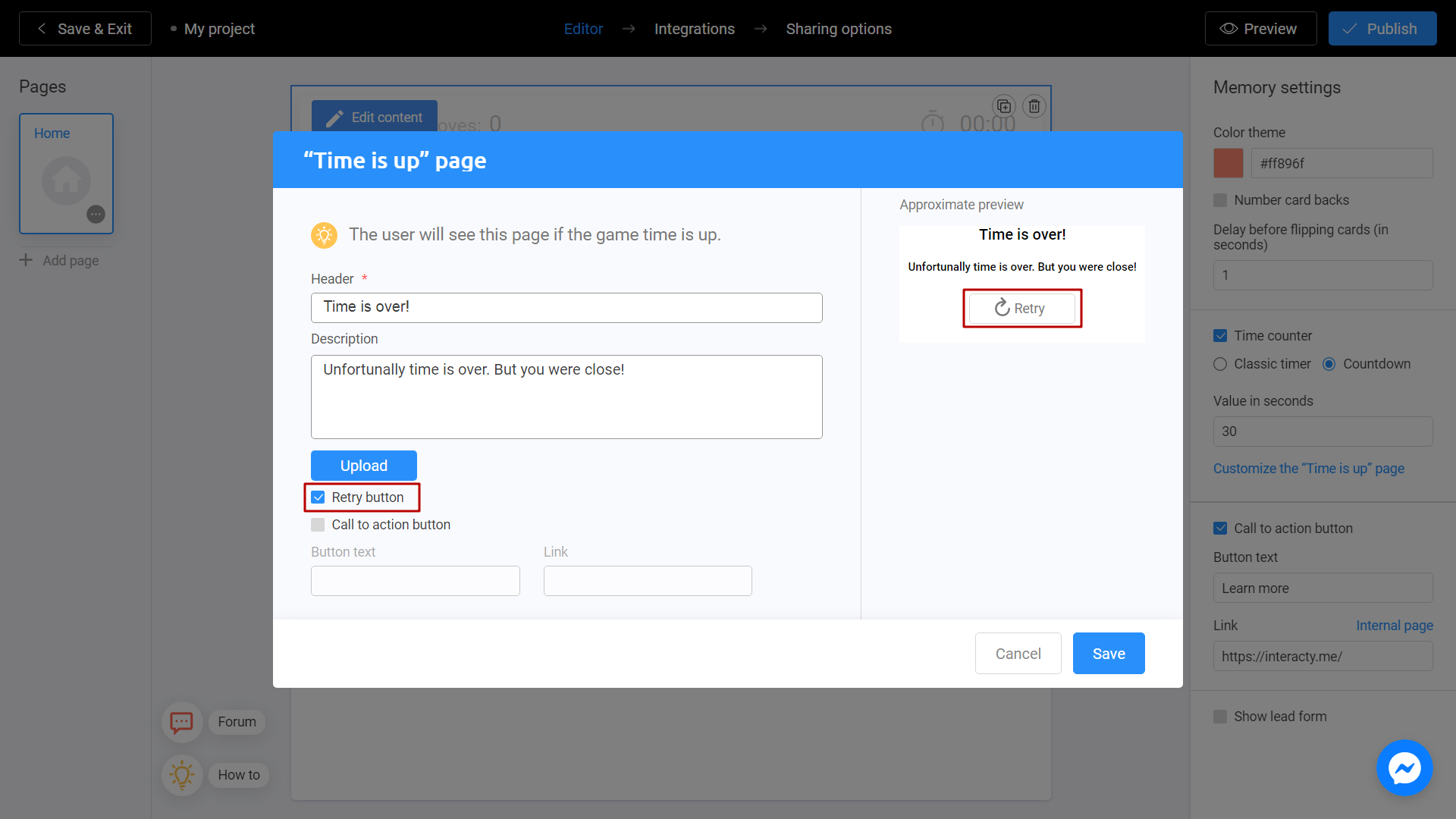 Adding CTA and Retry button into your Memory Game on Interacty game