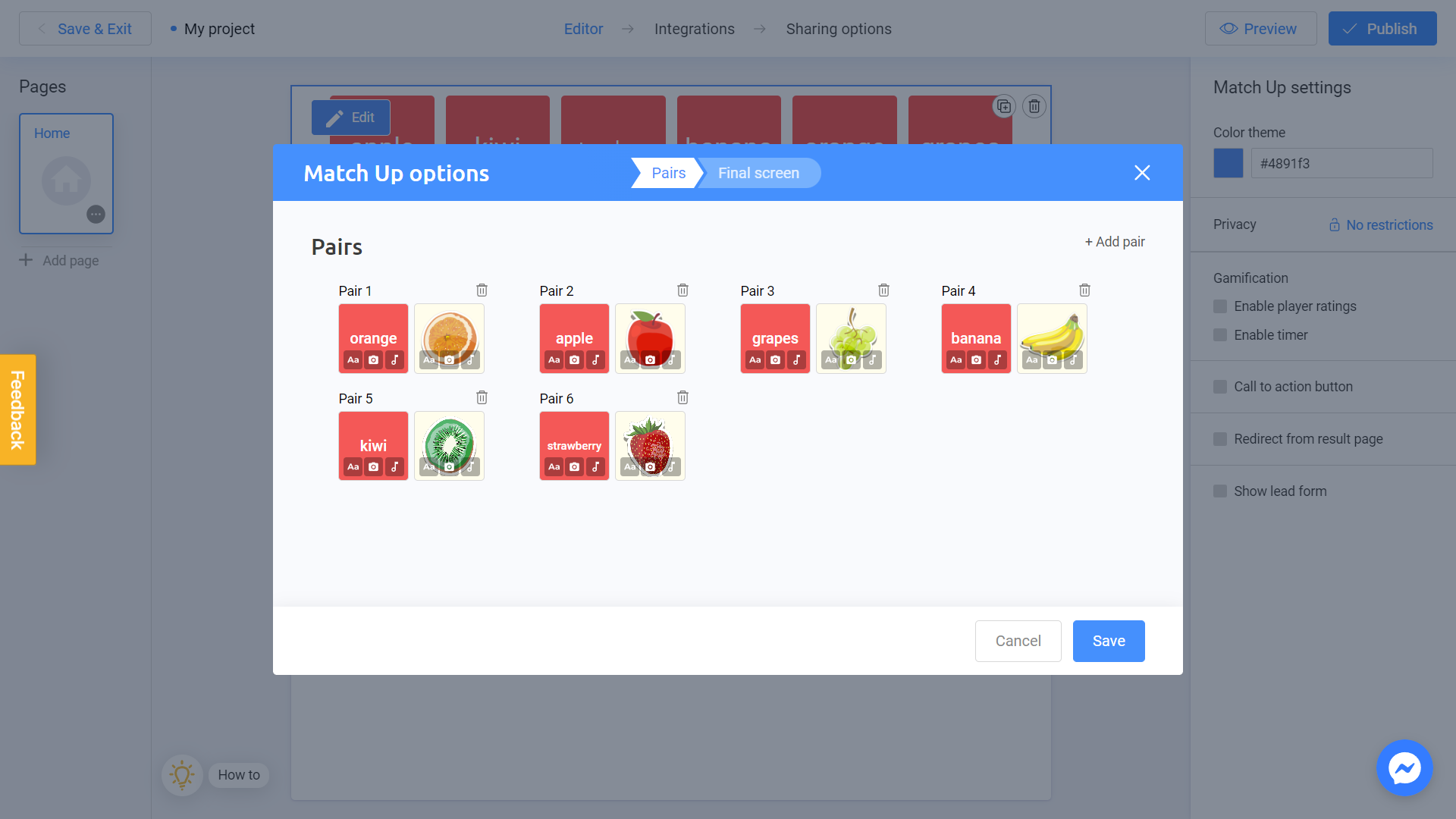 demonstration of ready made pairs for matching game on Interacty