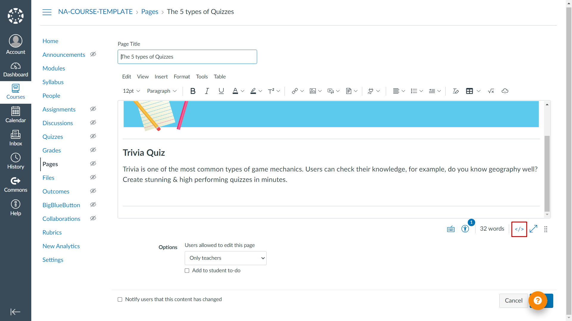 clicking html button for embedding your Interacty project in Canvas LMS