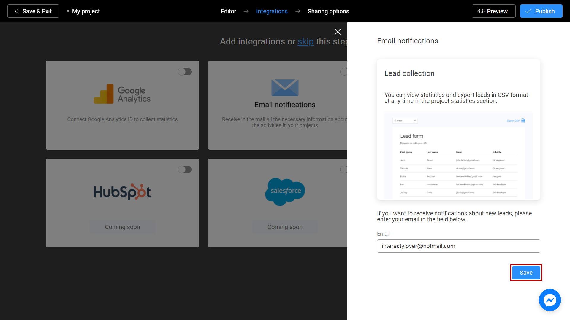 saving email notifications settings for your lead form on Interacty