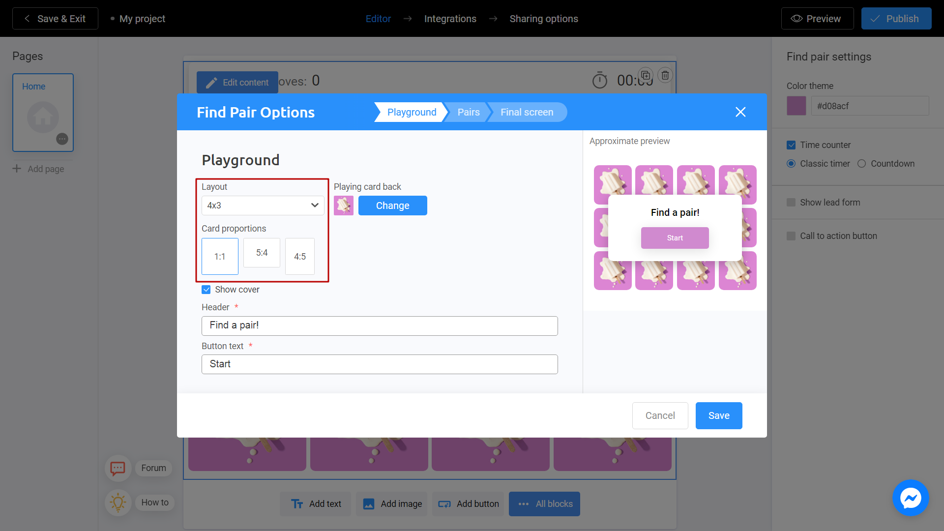 Setting up the proportions of the card for the Find a Pair Game on Interacty