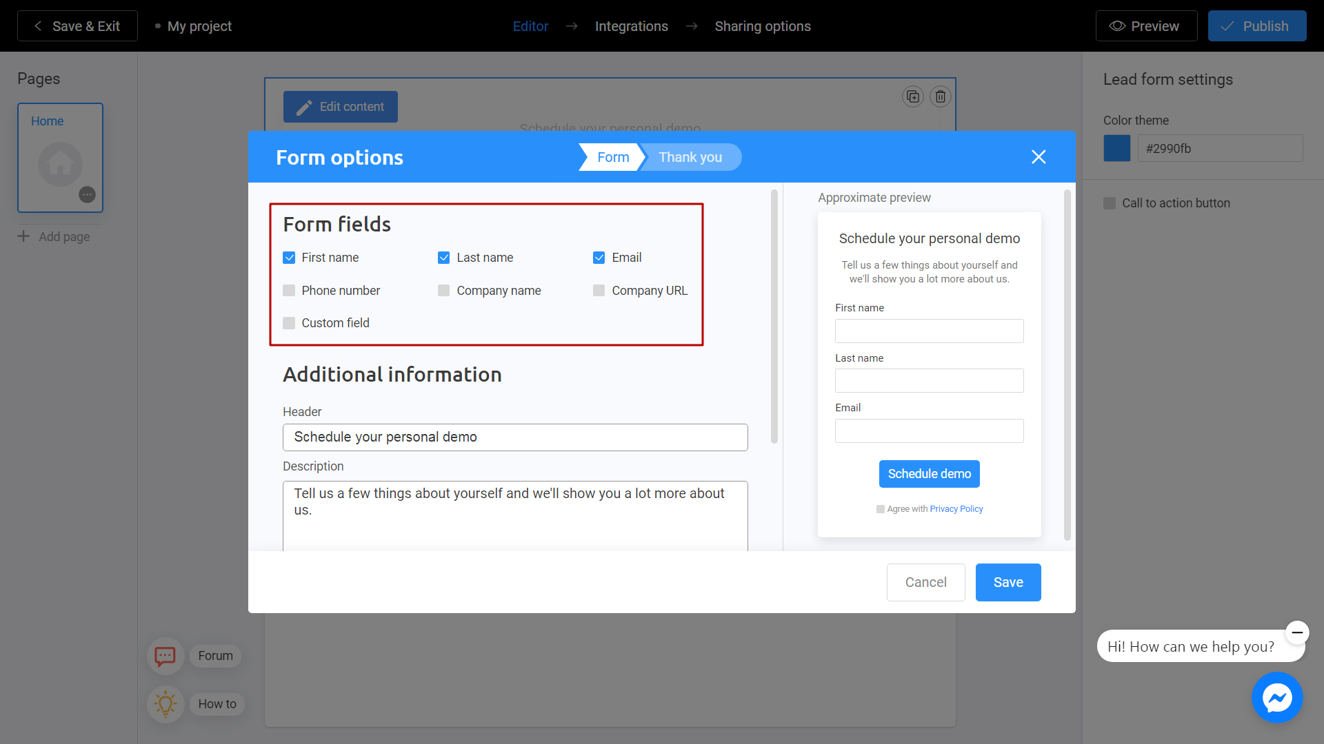 setting up the lead form on Interacty platform