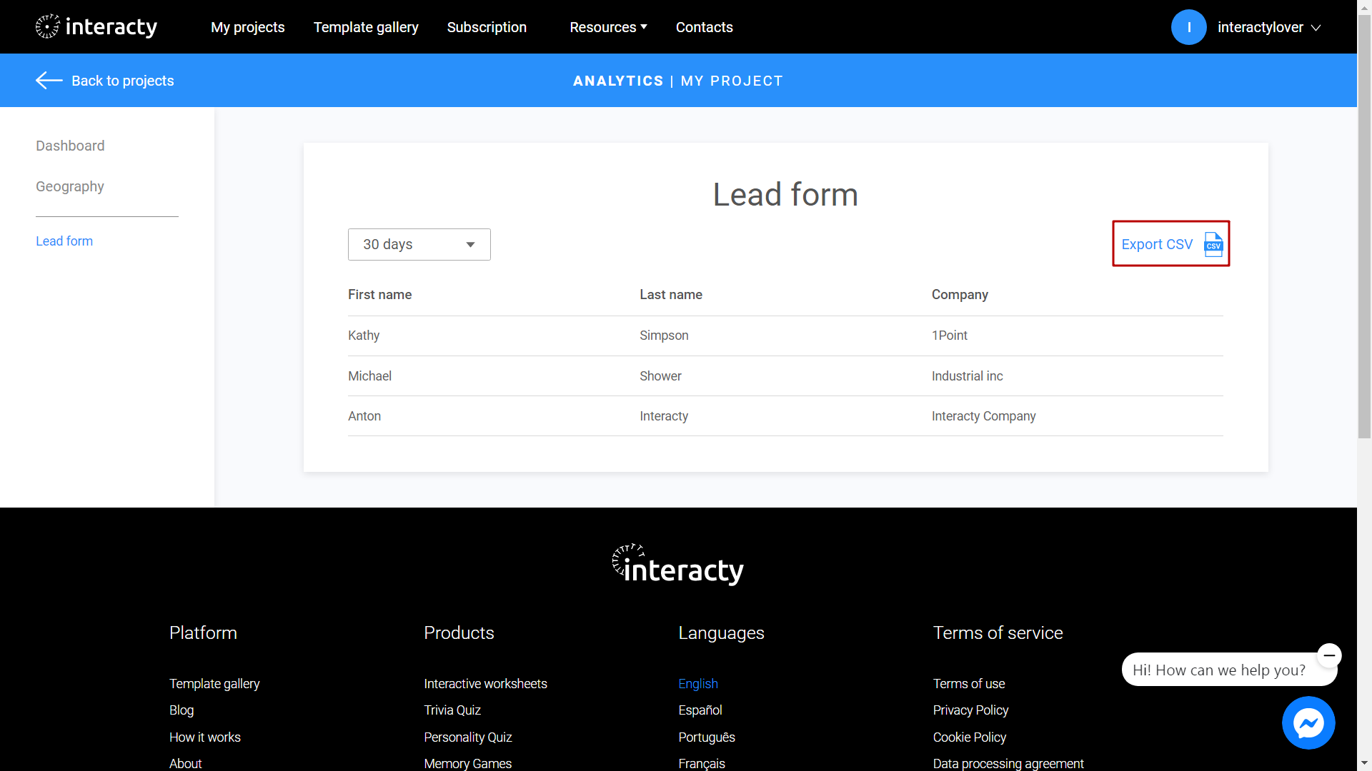 Export a lead form on Interacty platform