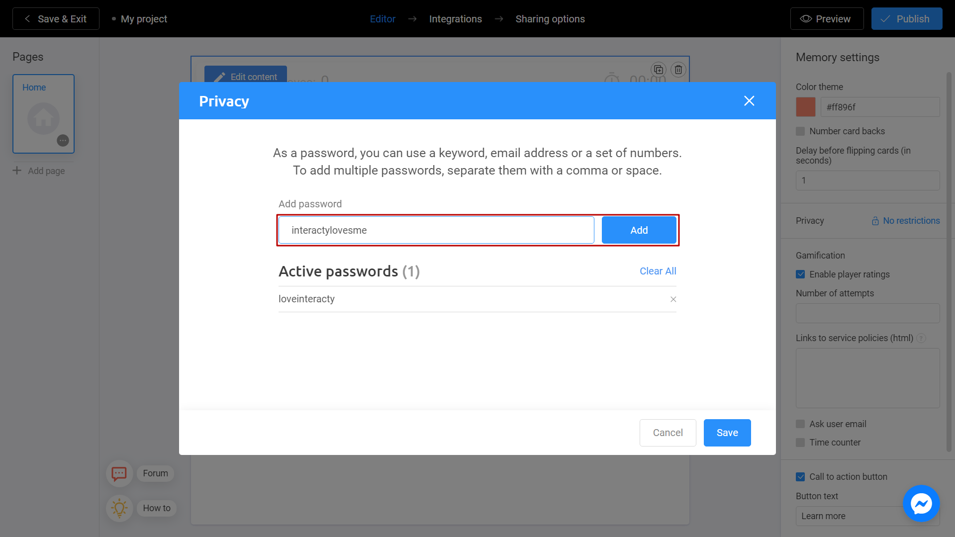 add additional password to your project on Interacty