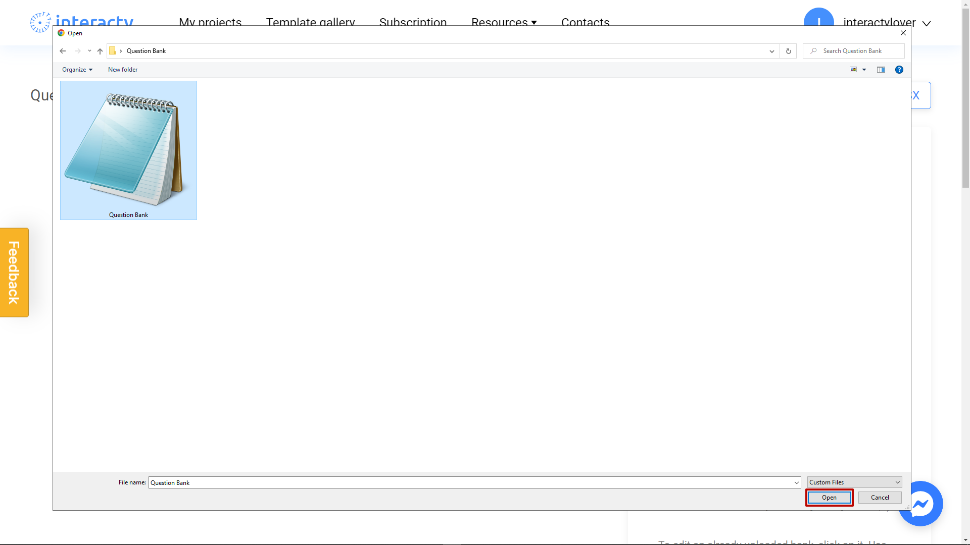 Choosing your question bank to upload it on Interacty