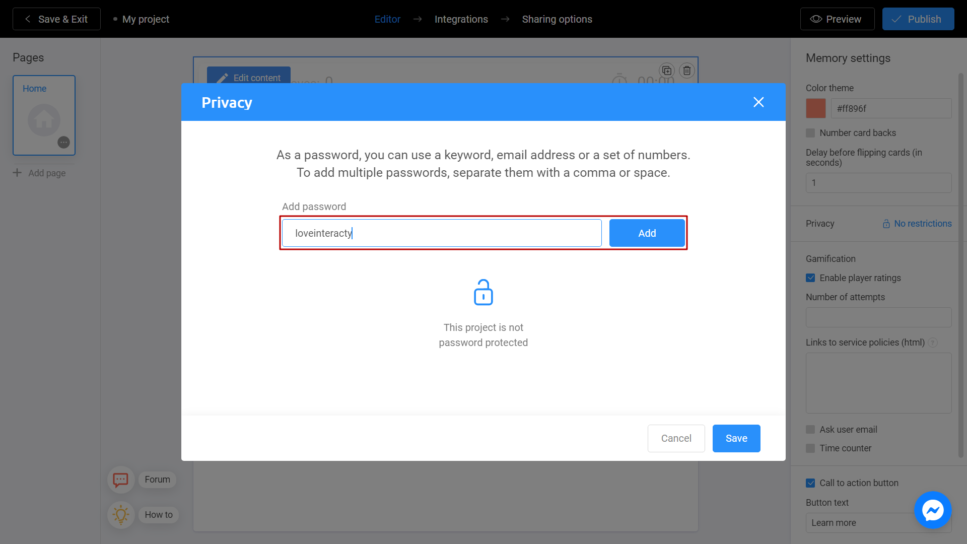 adding a password to your project on Interacty