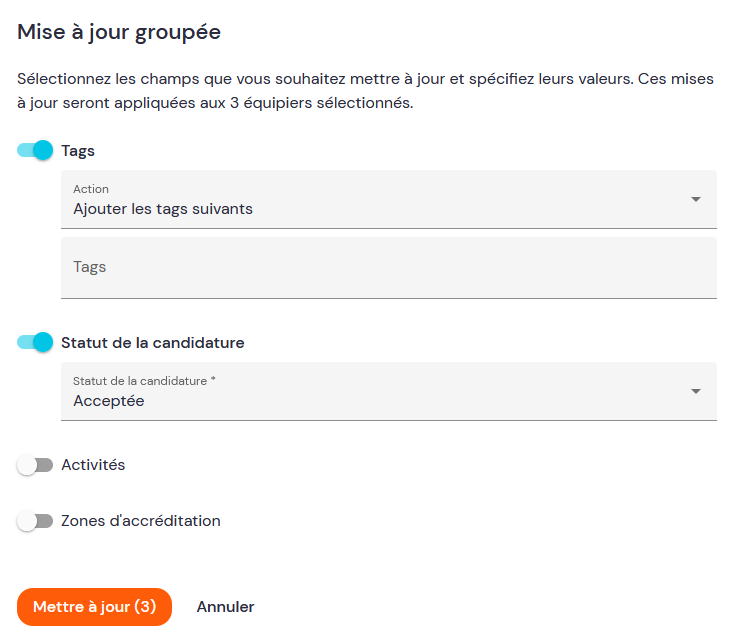 Mise à jour groupée - choix des valeurs