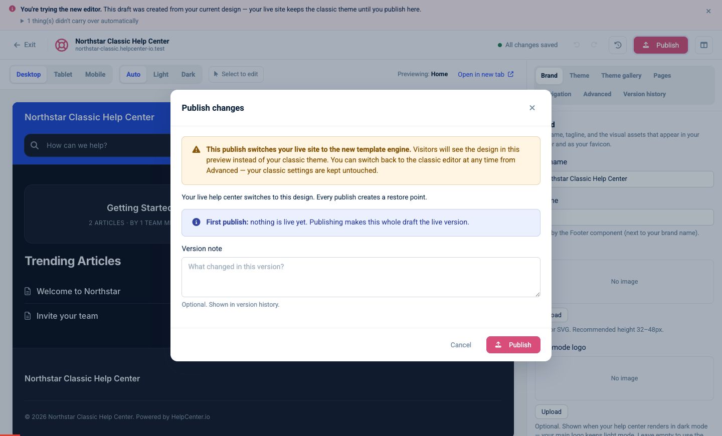 First-publish warning explaining that publishing switches the live help center to the new template engine