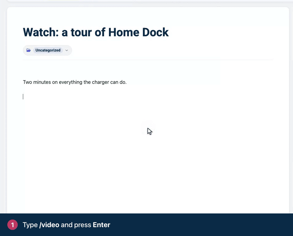 Screen recording. Type /video and press Enter. Paste a YouTube, Vimeo or Loom link. Click Embed video.