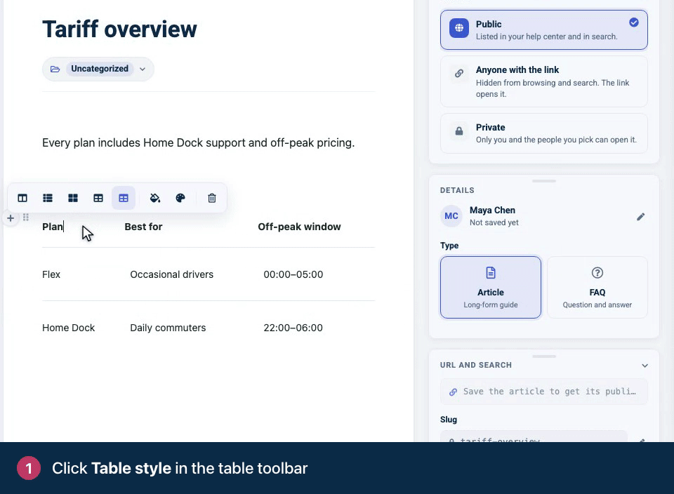 Screen recording. Click Table style in the table toolbar. Pick a preset, like Boxed. Pick an Accent colour. Open Customize to fine-tune borders, header, stripes and spacing.